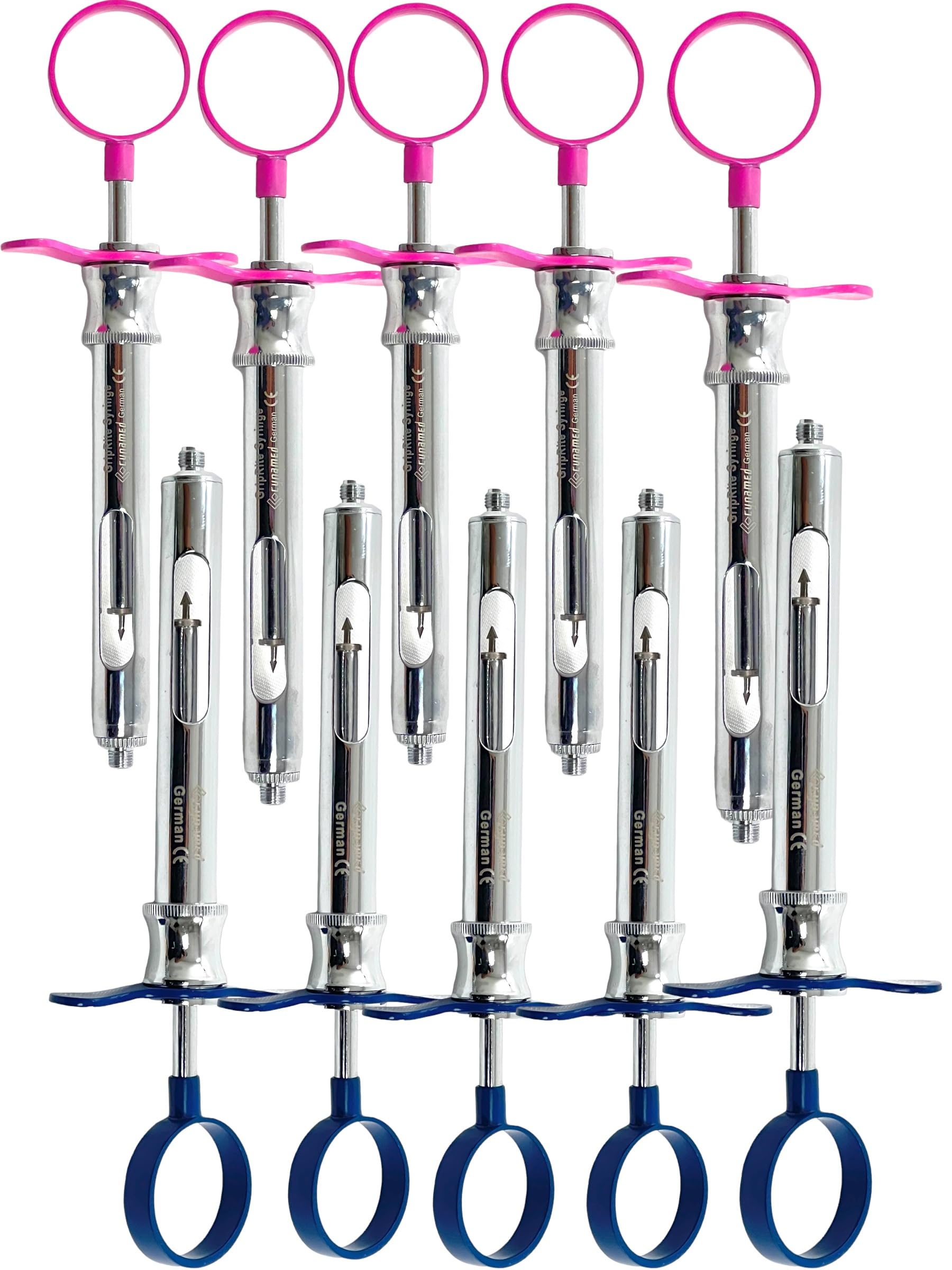 1.8mL Dental Anesthetic Syringe, 10 Count - Dark Blue & Pink Colored Handle, Self-Aspirating with Arrow Plunger - German Stainless CE