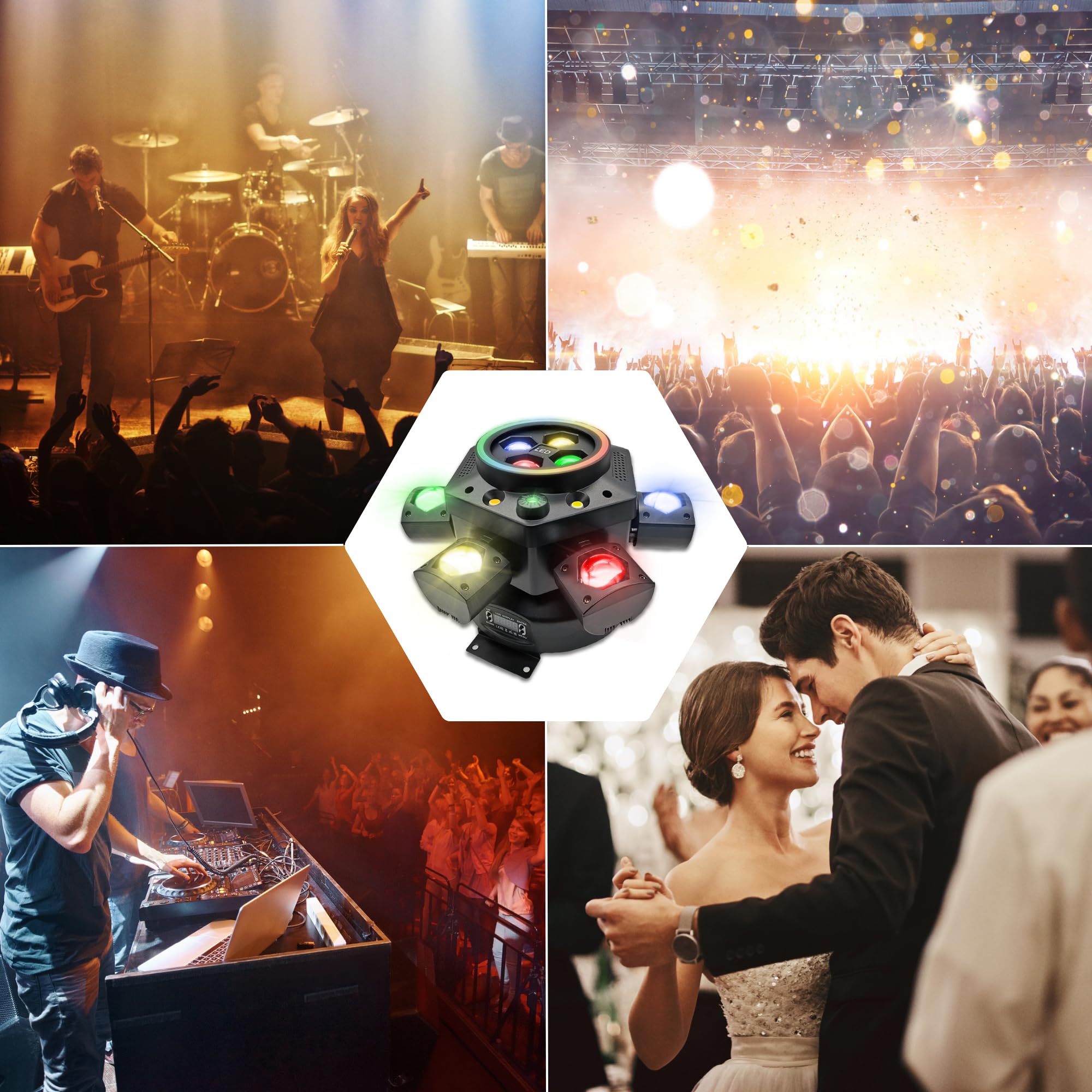 Luci DJ a testa mobile da 150 W, luce LED RGBW 4 in 1 con fascio a 6 bracci, effetto occhi d'api, stelle rosse e verdi, stroboscopiche bianche e ambrate, banda magica 23 RGB per feste, discoteca, KTV