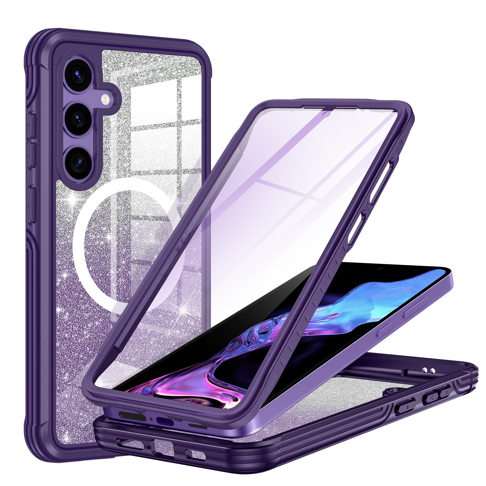 Hekodonk for Samsung Galaxy S24 Case Glitter,Compatible with MagSafe[Built-in Tempered Glass Screen Protector & Camera Lens Protection] Full Body