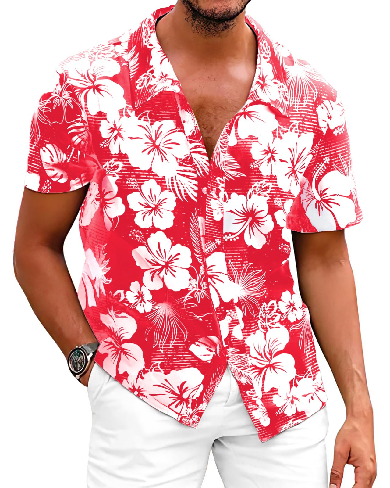 Fastkoala Hombre Hawaiana Camisa Playa Tropicale Camisas Florales Tops Vacaciones Casual Algodón Lino Button Down