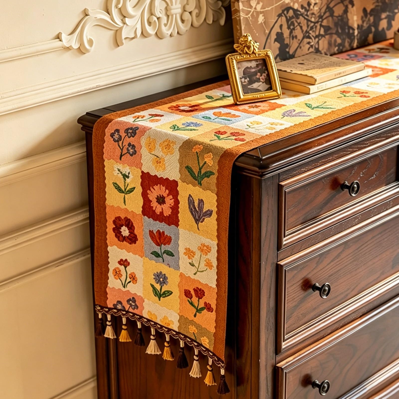 Vintage Floral Tablecloth,Woven Plaid Table Runner,Two-tone Tassels,Suitable for Dining Tables, Sideboards, and Farmhouse-style Home Decor.(Brown,L160cm/63.0in)