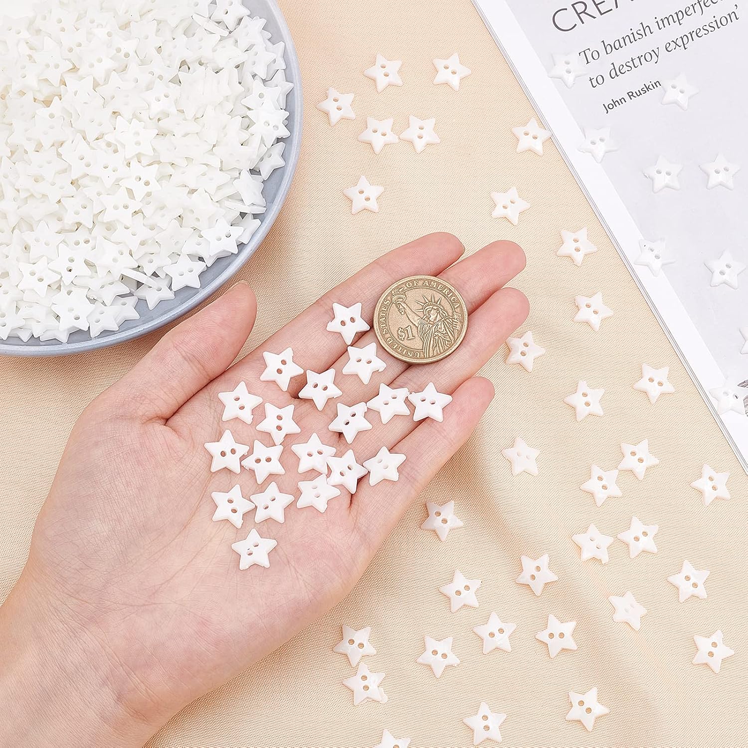 PH PandaHall 1000Pcs 12mm Acrylic Star Buttons 2 Holes Star Sewing Buttons Decorative Button in 1mm Sewing Buttons Dyed White Knitting Buttons for Costume Design and Other Craft Projects