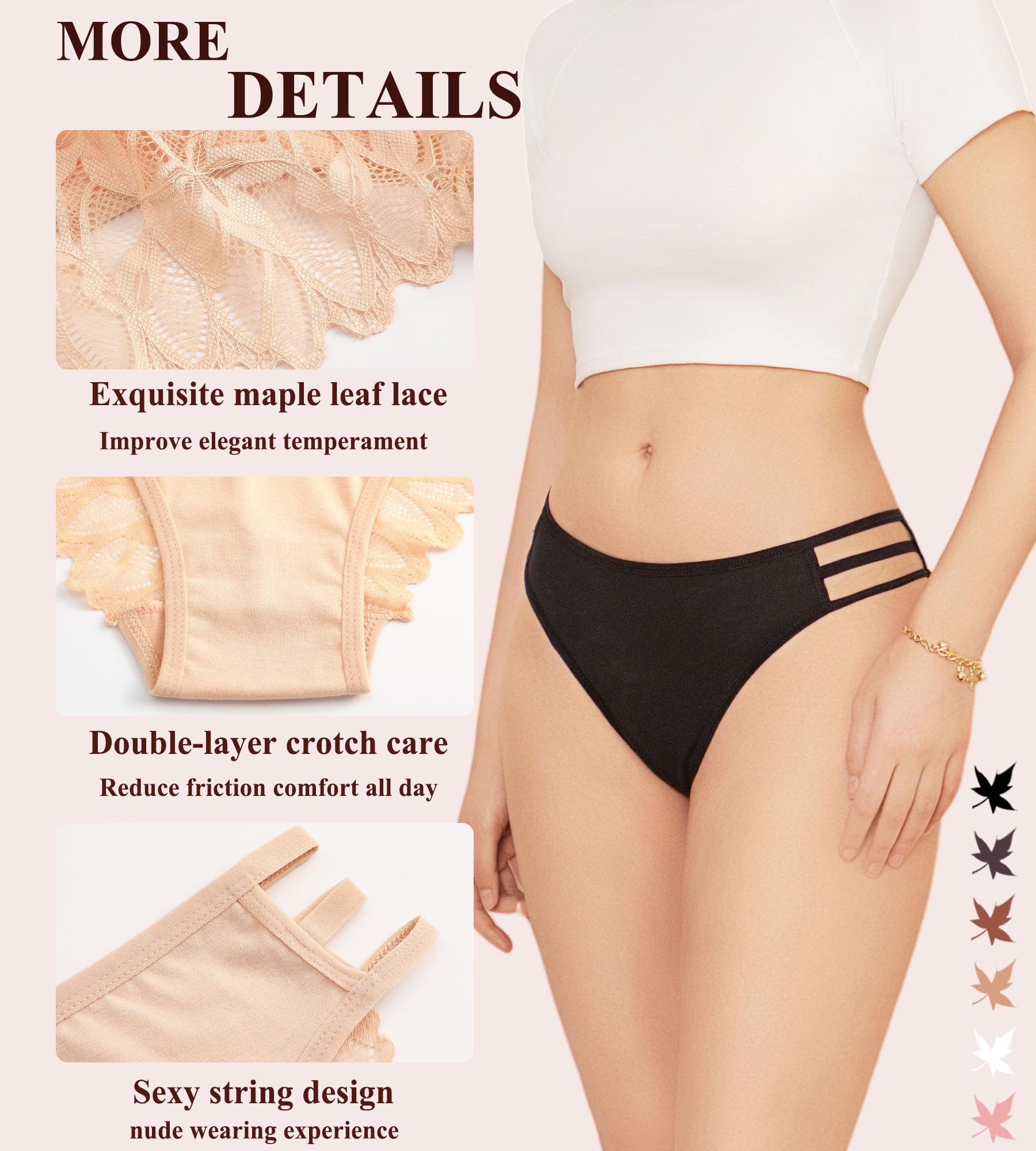 READY TO LOVE Sexy Lace String Underwear Women Pack Cheeky Bikini Stretch Breathable Ladies Underwear Panties: Black / Grape Purple / Caramel / Nude / White / Pink Large