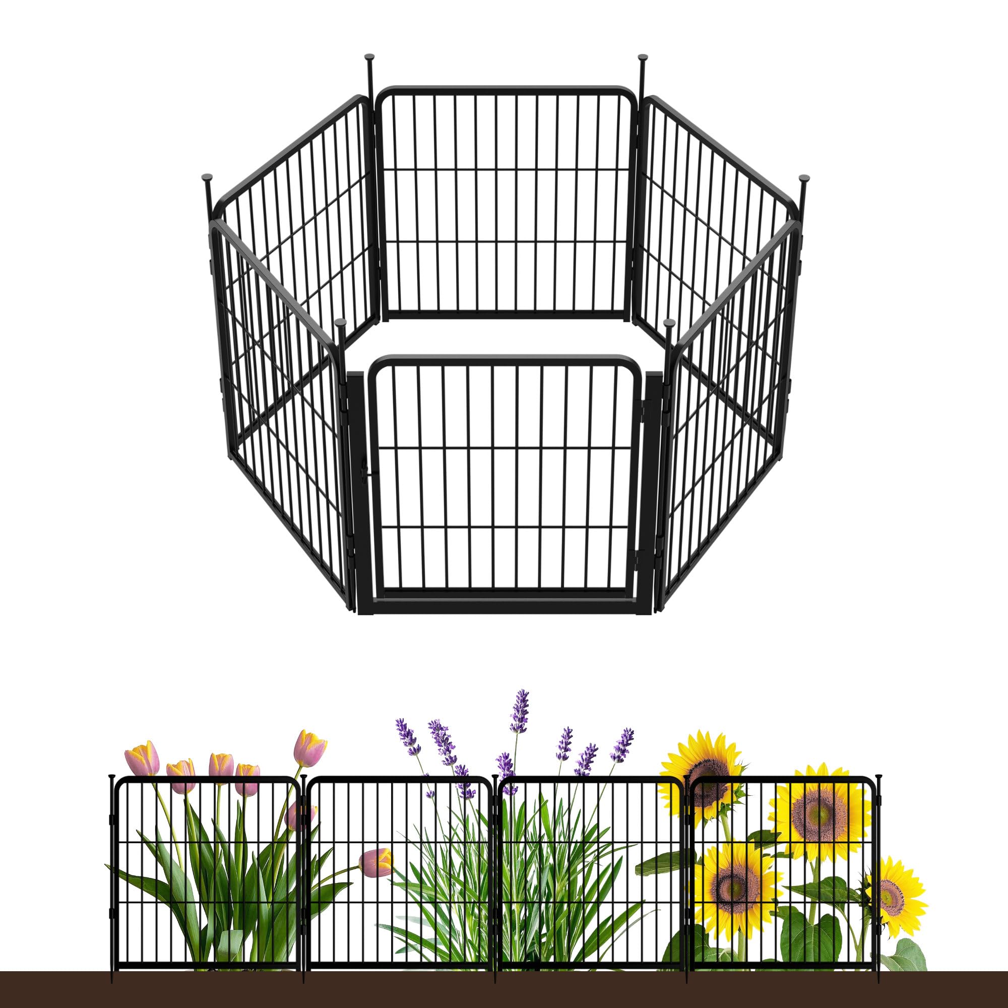 Recinzione decorativa da giardino con cancello, 60 cm (altezza) x 3,4 m (l), 6 pannelli, in metallo resistente, per cortile, aiuole, recinzioni da giardino, facile da montare, nero