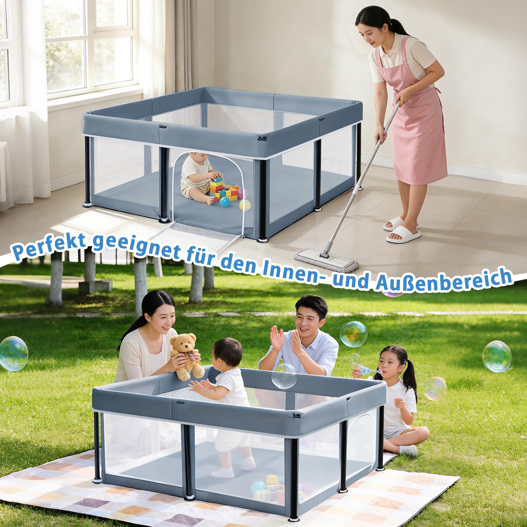 Parc pour bébé - 180 x 180 cm - Pliable - Gris foncé | Clôture de jeu 150D Oxford pour intérieur et extérieur avec sac de rangement, parc