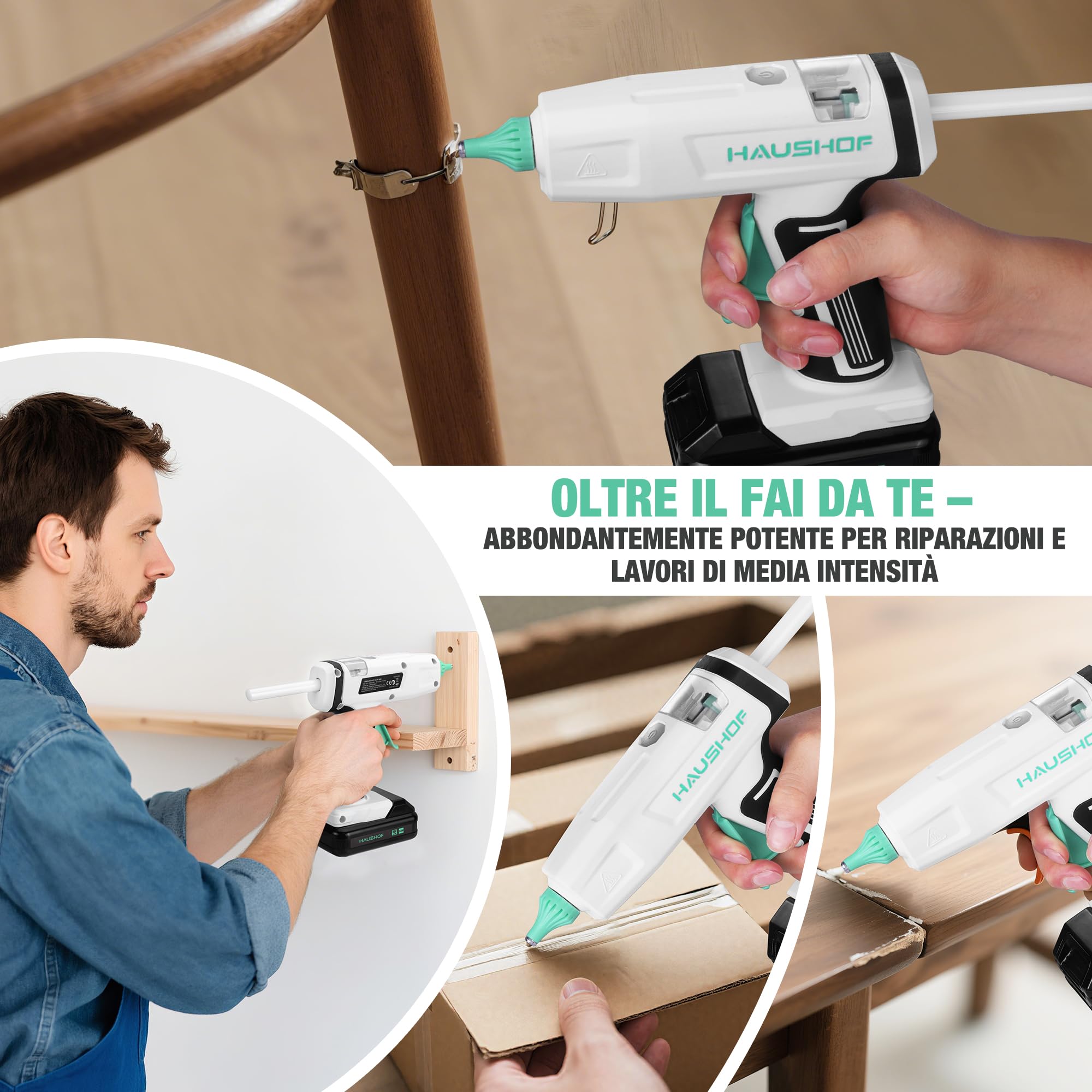 HAUSHOF Pistola per Colla a Caldo Senza Fili da 20V con Batteria e Caricatore, 20 Stick di Colla 11x150 mm, Spegnimento Automatico e Riscaldamento Rapido per Fai da Te, Artigianato