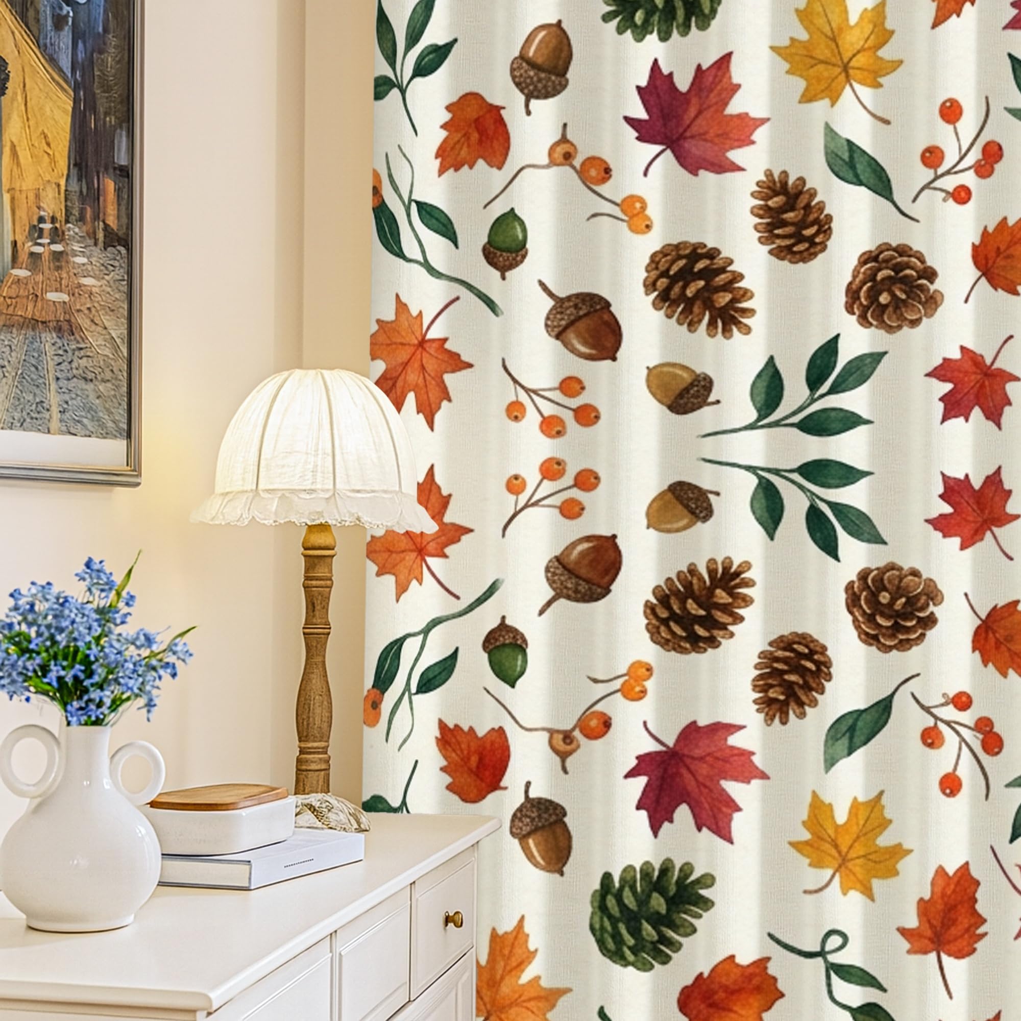 Rideaux occultants automne à motif feuilles d'érable et pommes de pin 132x241 cm