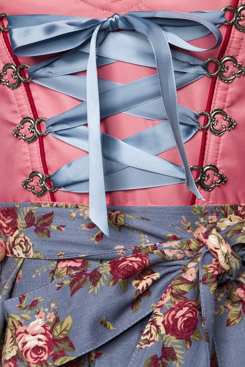 Luxus Designer Dirndl mit Schürze Kleid Dirndkleid Oktoberfest Tracht Trachtenkleid Spitze Denim Blumenprint Paspelierung Rüschen