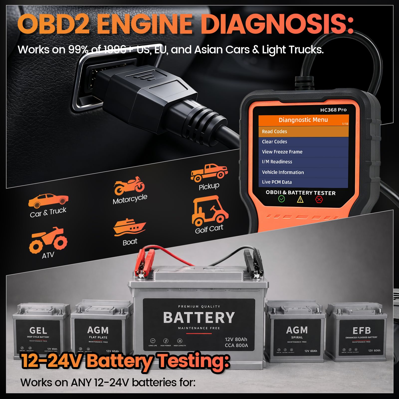 OBD2 Diagnosegerät & Batterietester 2 in 1,OBD EOBD+CAN Scanner Auslesegerät mit vollständigen OBD2 Funktionen,12V Autobatterie Tester mit Batterie- Anlasser- und Ladetest für alle Fahrzeuge