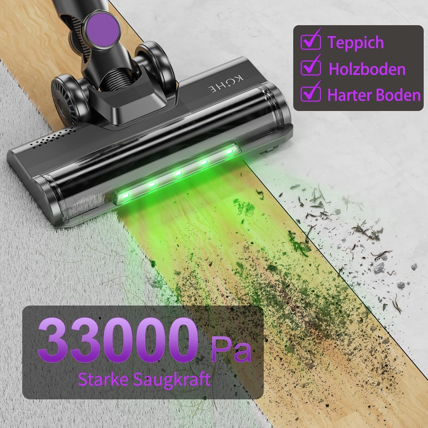 KOHE K10 Aspirapolvere Senza Fili Potente 500 Watt 33 Kpa, Scopa Elettrica Pieghevole, 3 Modalità di Potenza di Aspirazione Autonomia, Tubo Pieghevole, Viola