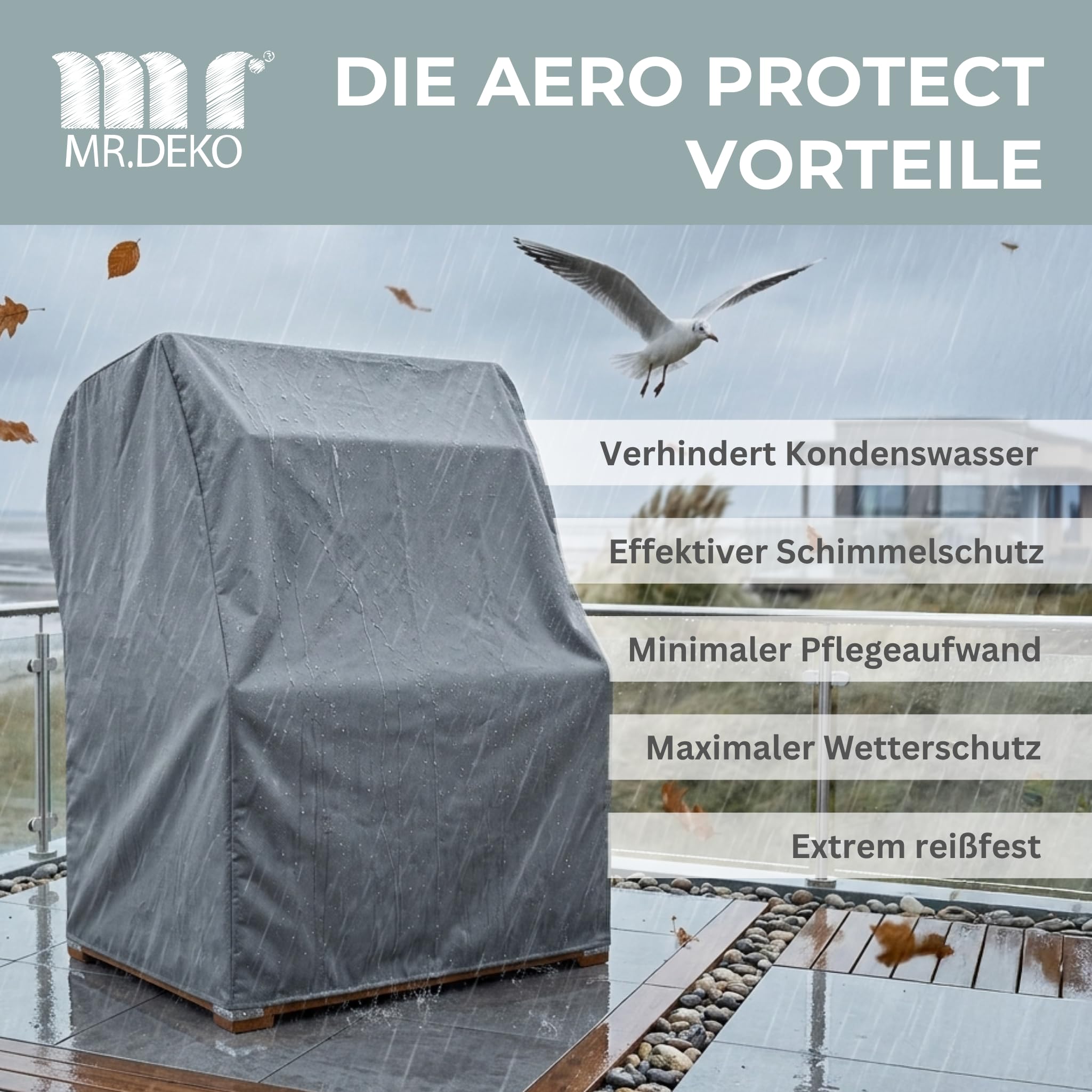 MR. DEKO Aero Protect - Funda protectora para sillón de playa, color gris oscuro, tamaño M, 120 x 80 x 160 cm (ancho x profundidad x alto), para sillones de playa de 2 plazas, transpirable y