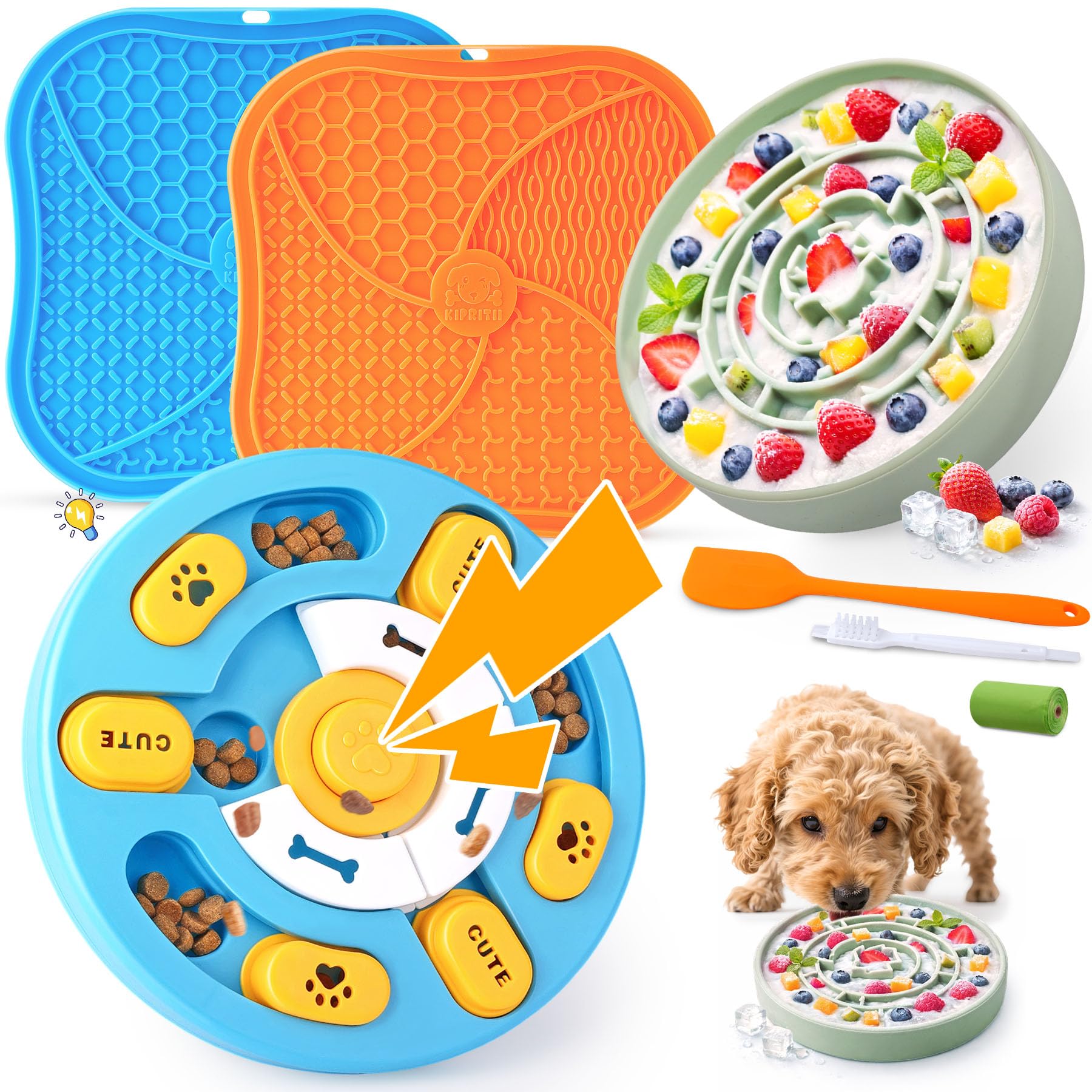KIPRITII Well-Rounded Dog Enrichment Toys Set – Keeps Dogs Busy with Mental Stimulation & Slow Feeding, Includes Dog Lick Mat, Puzzle Toy & Slow Feeder Bowl for Boredom Relief