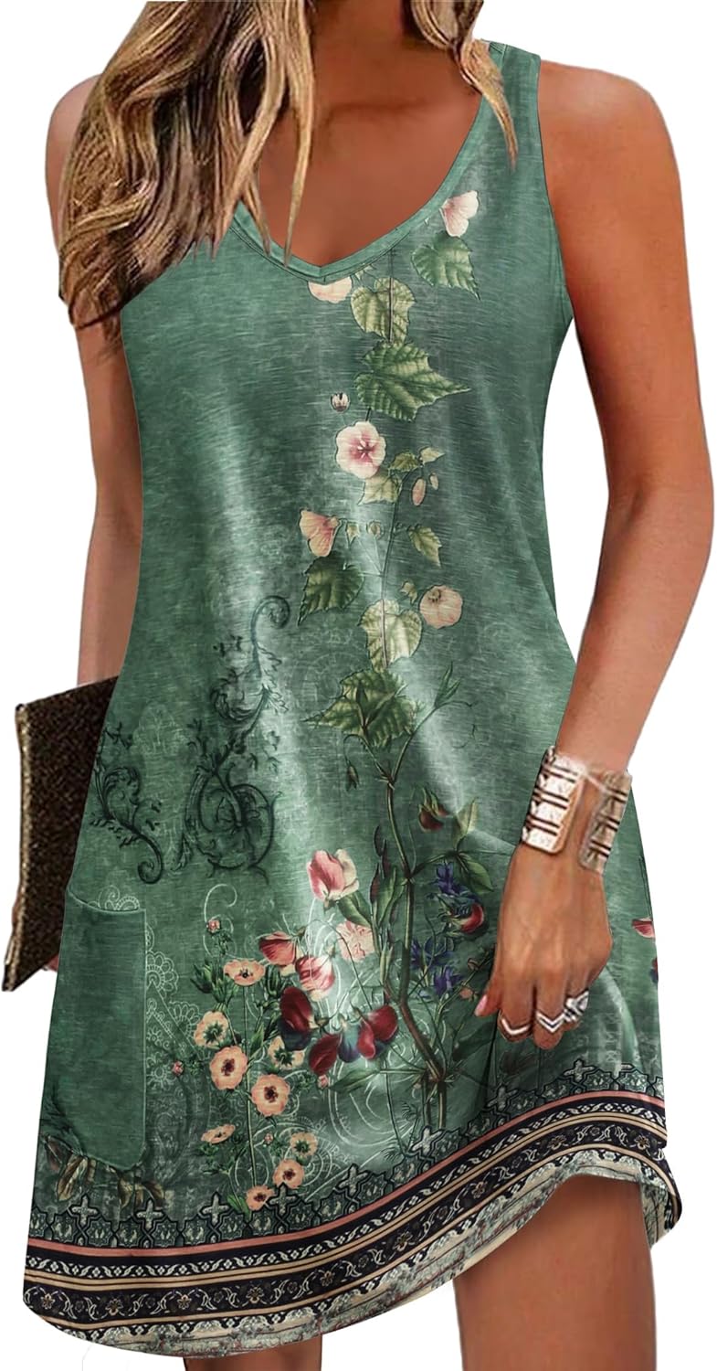 Zeagoo Womens Summer Dress 2025 Loose V Neck Sleeveless Sundresses Swimsuit Coverup with Pockets Floral Tank Dresses
