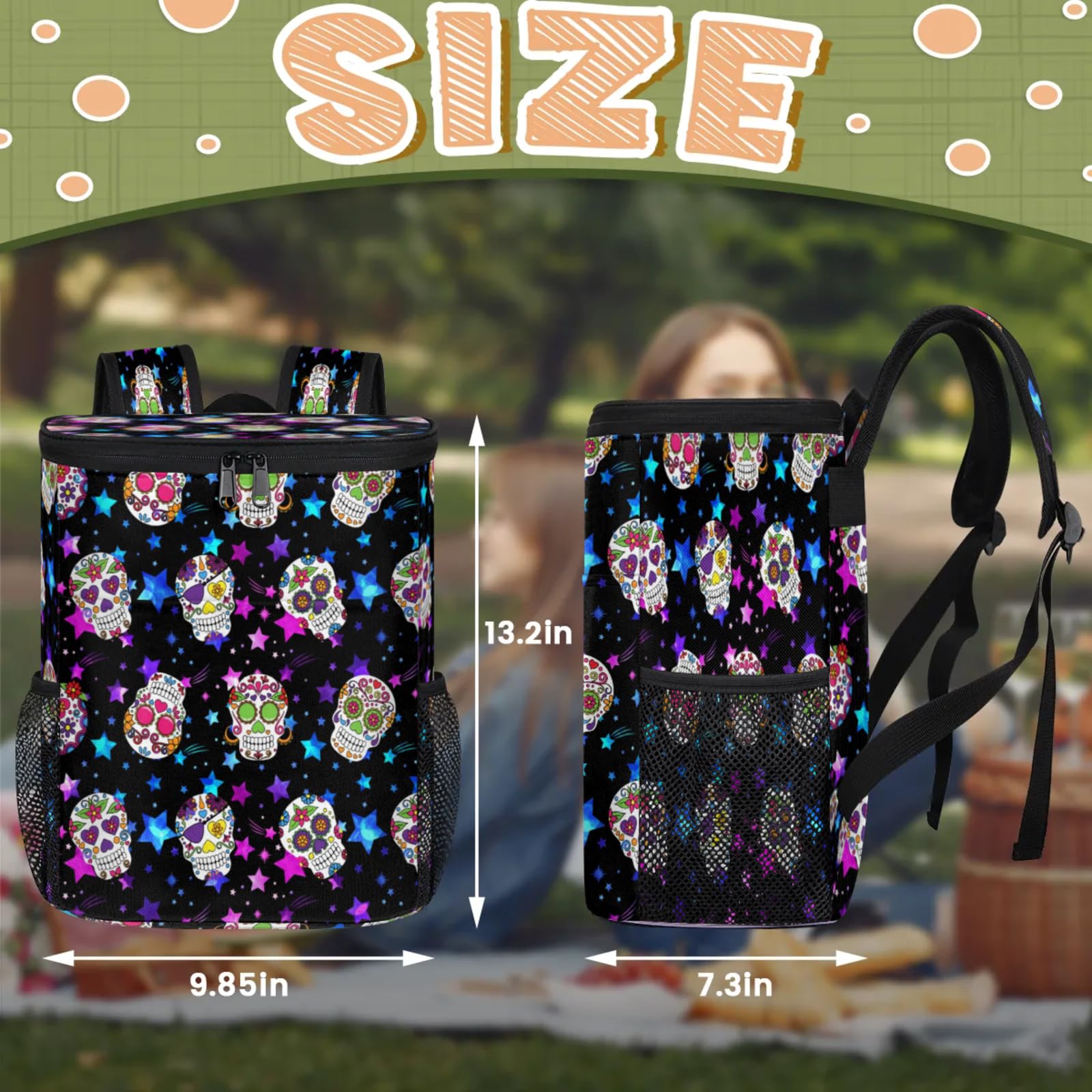 CNNINGYI Insulated Cooler Backpack 30 Cans, Goth Skull Leak Proof Cooler Bag, Lightweight Backpack Coolers for Picnic Fishing Hiking Camping Park Beach, Skull Skeleton