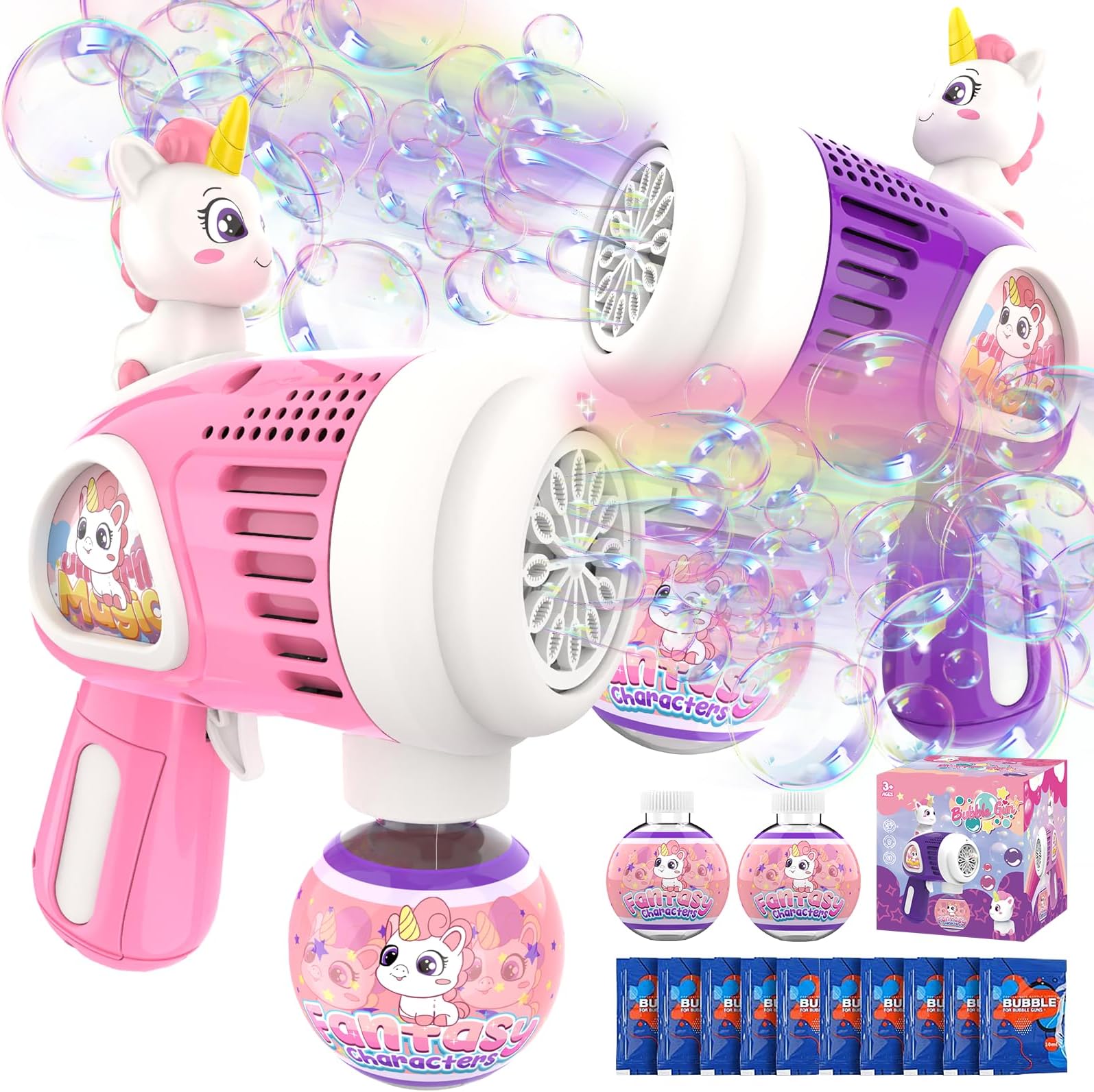 Unicorn Bubble Gun 2 Pack for Kids, Bubble Machine Toys Gifts for Boys and Girls, 12 Holes Automatic Bubble Maker with 2 Bubble Solution, Summer Outdoor Toy for Birthdays, Party