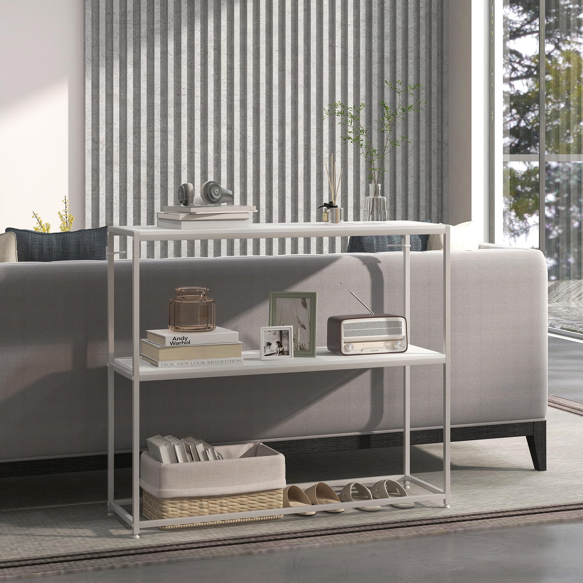 HOMCOM Tavolo Consolle Slim da Ingresso con Ripiano Aperto, Mobile Consolle in Acciaio e Truciolato, 100x30x87 cm, Bianco