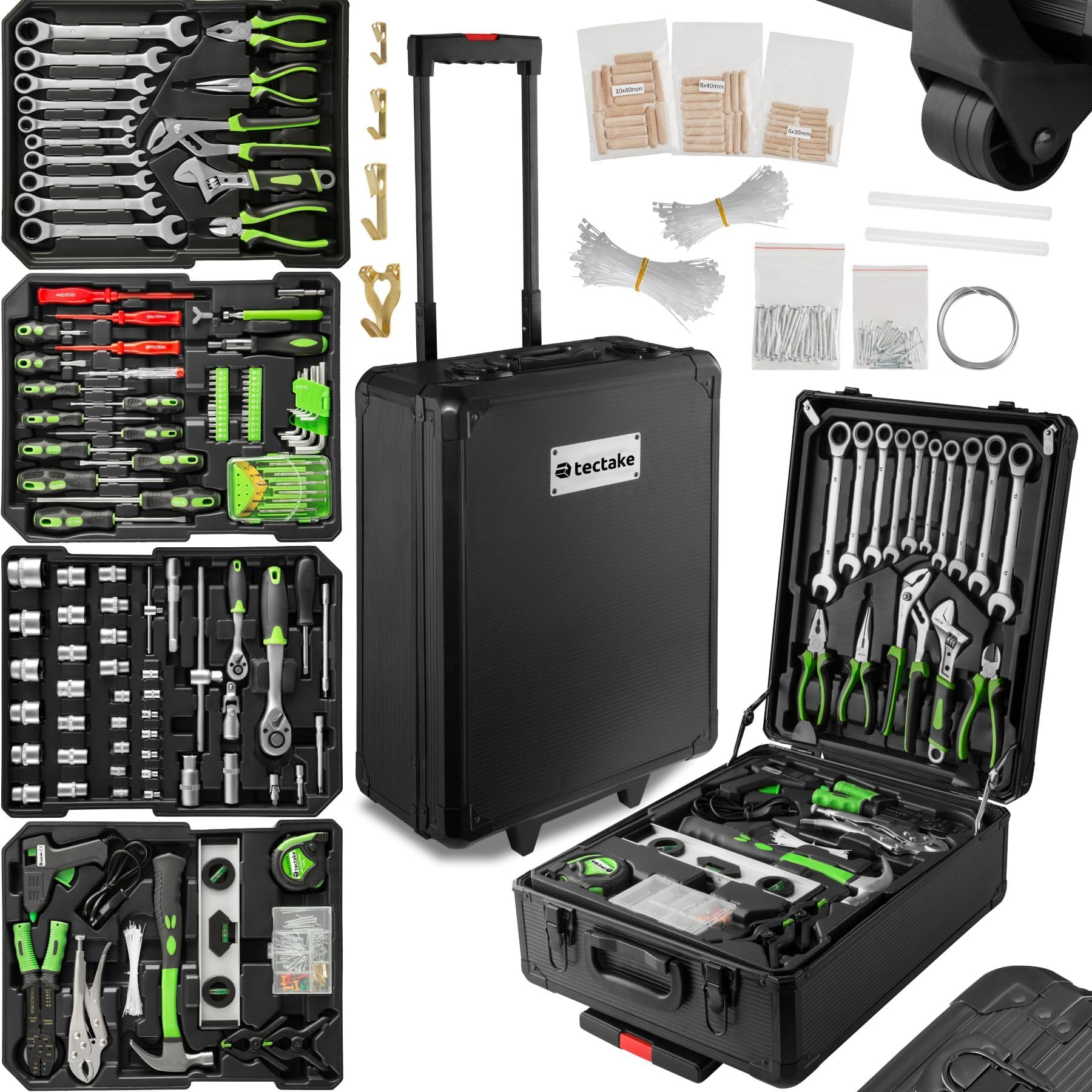 tectake® Portable Tool Box Trolley, 899 Piece Kit, with Aluminium Case, 4 Levels & Wheels. Essential DIY Tools Set, Home & Office Hand Tools, Mechanic Spanner Organiser - Home Improvement Kit