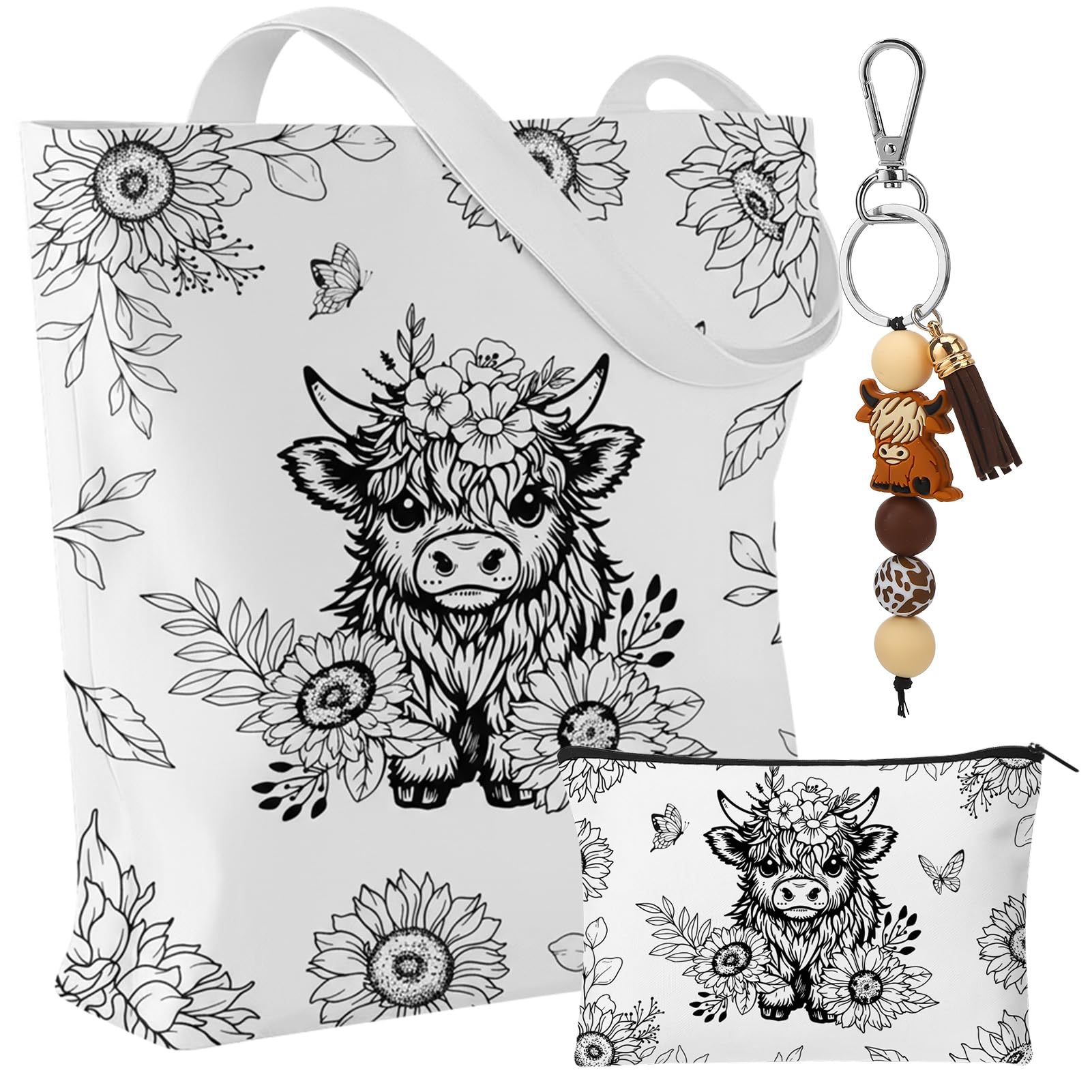 ViEinkaufen Highland Cow Gifts Set for Women Girls Cow Lovers Includes Tote Bag,Makeup Bag,Keyring,Birthday Gifts for Bestie,Auntie,Wife,Friends,Sister,Colleagues