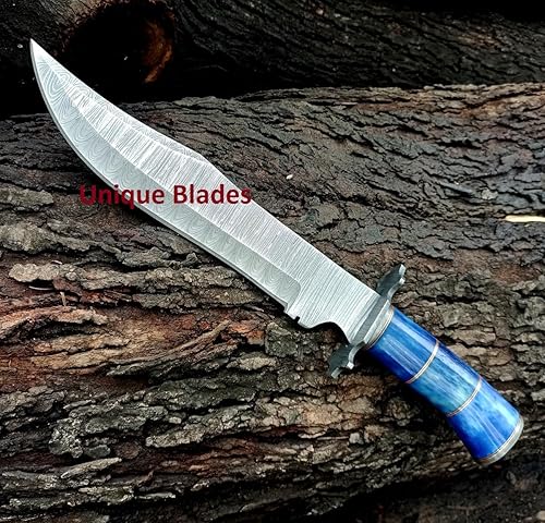 Miniatura 5 de Cuchillo Bowie - Cuchillo de caza de acero de Damasco de 15 pulgadas, cuchillo de espiga completa con funda, cuchillo defensivo de supervivencia