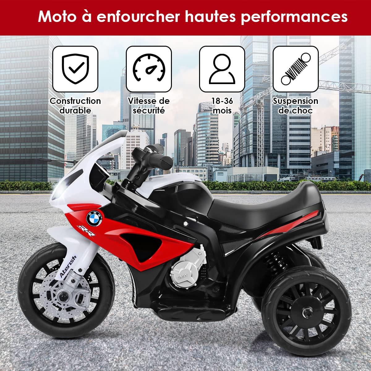 GOPLUS Moto Electrique Enfants BMW 6V, Voiture Electrique Enfants Motos avec 3 Roues,Effets Musicaux et Lumineux, Porteur Enfants,Charge 20KG,pour 1,5-3 Ans(Rouge)