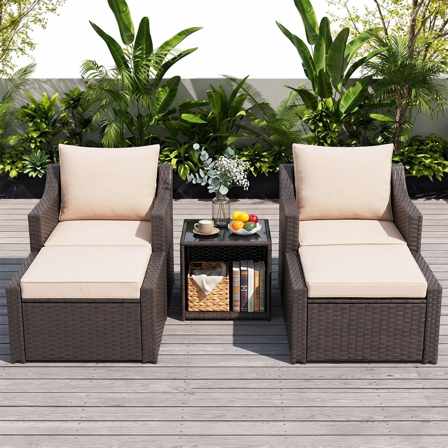 DEVOKO 5 Pieces Patio Furniture Set Outdoor Sofa and Ottoman with Cushions & Center Table, HDPE Wicker Rattan for Lawn, Pool, Balcony, Backyard (Dark Brown and Cream)