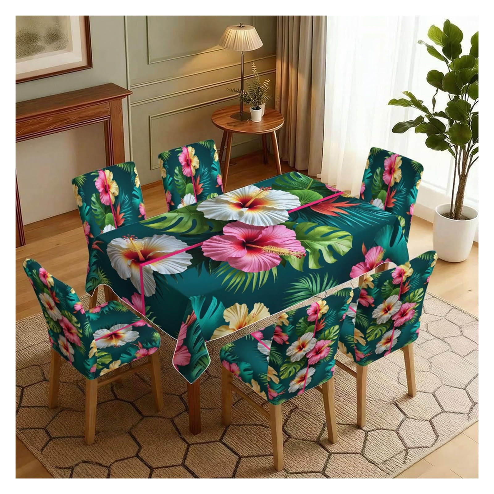 BOSUYBN Teal Base Tropical Hibiscus Monstera Floral Print Dining Tablecloth & Chair Covers Set, 5/7 Piece Exotic Hawaiian Summer Dining Decor Table Setting(7pcs Set: Tablecloth+Chair Covers)