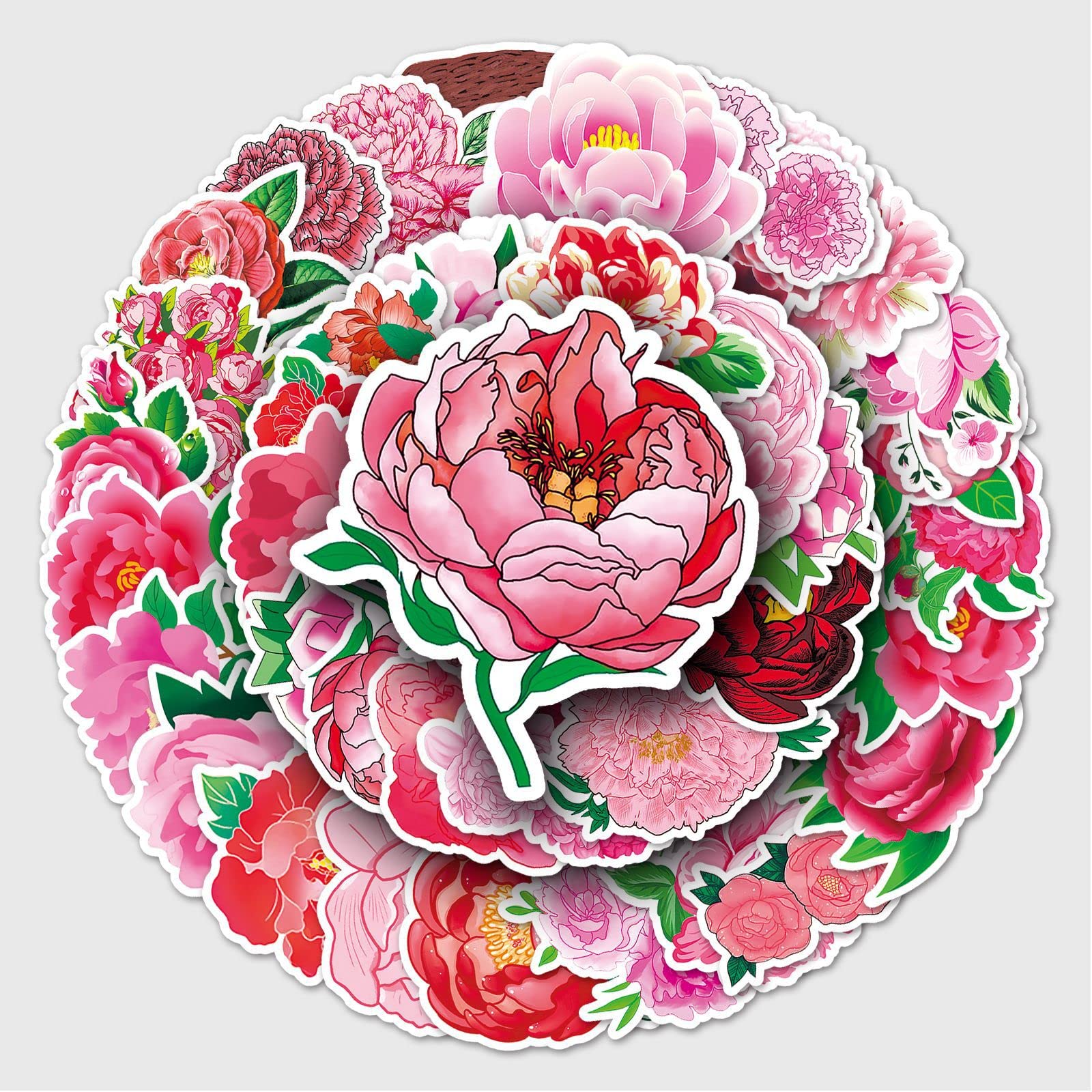 50Pcs Peony Stickers Laptop Car Scrapbook Phone Skateboard Suitcase Luggage Bike Peony Flower Stickers Vinyl Waterproof Aesthetic Personalised Stickers for Teens Boys Girls Adults Children