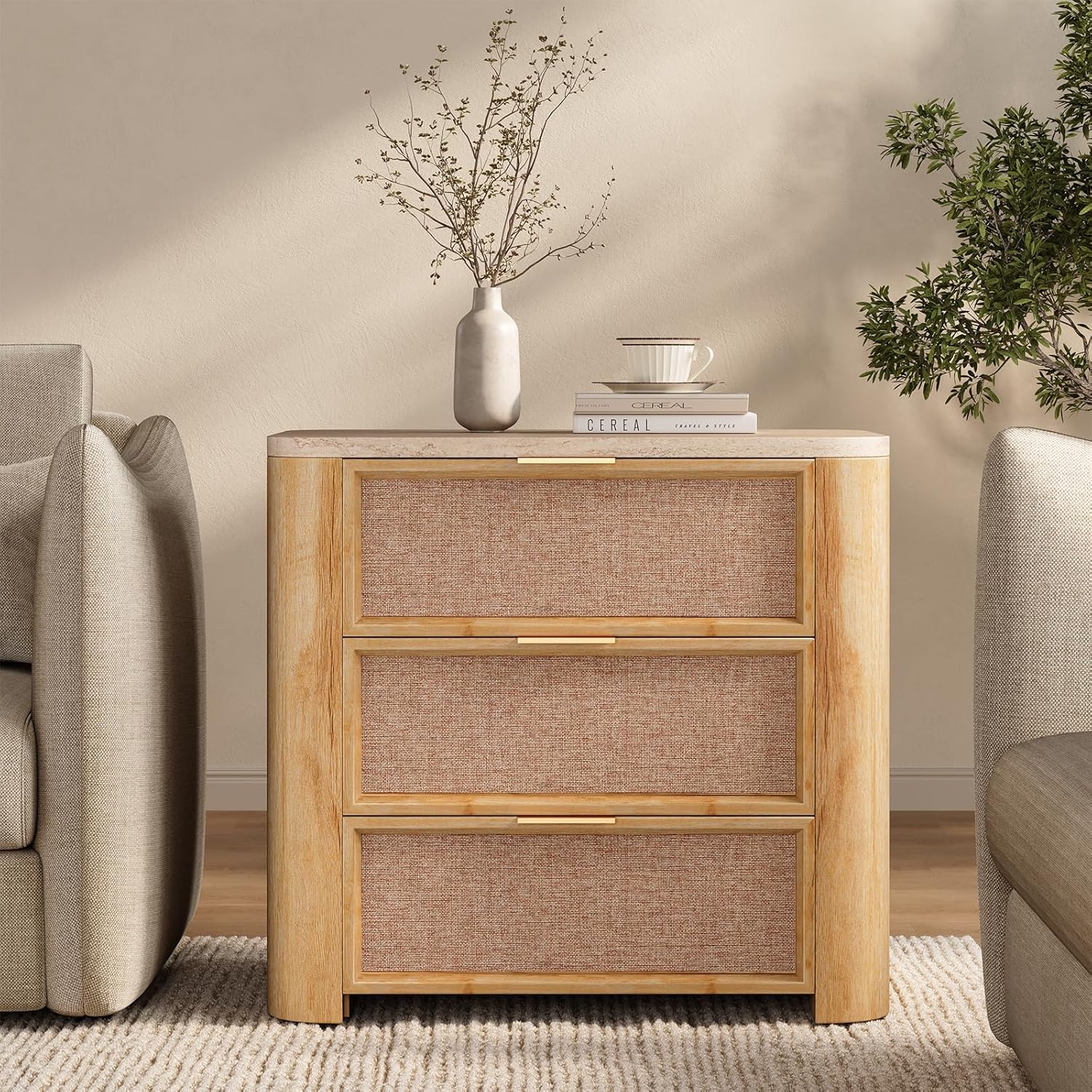 ADORNEVE 24" Tall Rattan Nightstand with Faux Marble Top, 26" Wide Wood Bedside Table w/3 Storage Drawers, Thickened Curved Profile Design, Mid Century End Table for Bedroom, Living Room, Natural Oak