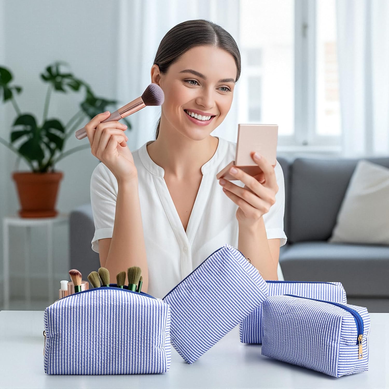 Sanwuta 12 Pcs Seersucker Cosmetic Bags Bulk Seersucker Makeup Bags Stripe Women Pouch Large Preppy Storage Pouch Toiletry Travel Organizer for Wedding Bridesmaid Bride Favor Mom Gift (Blue)