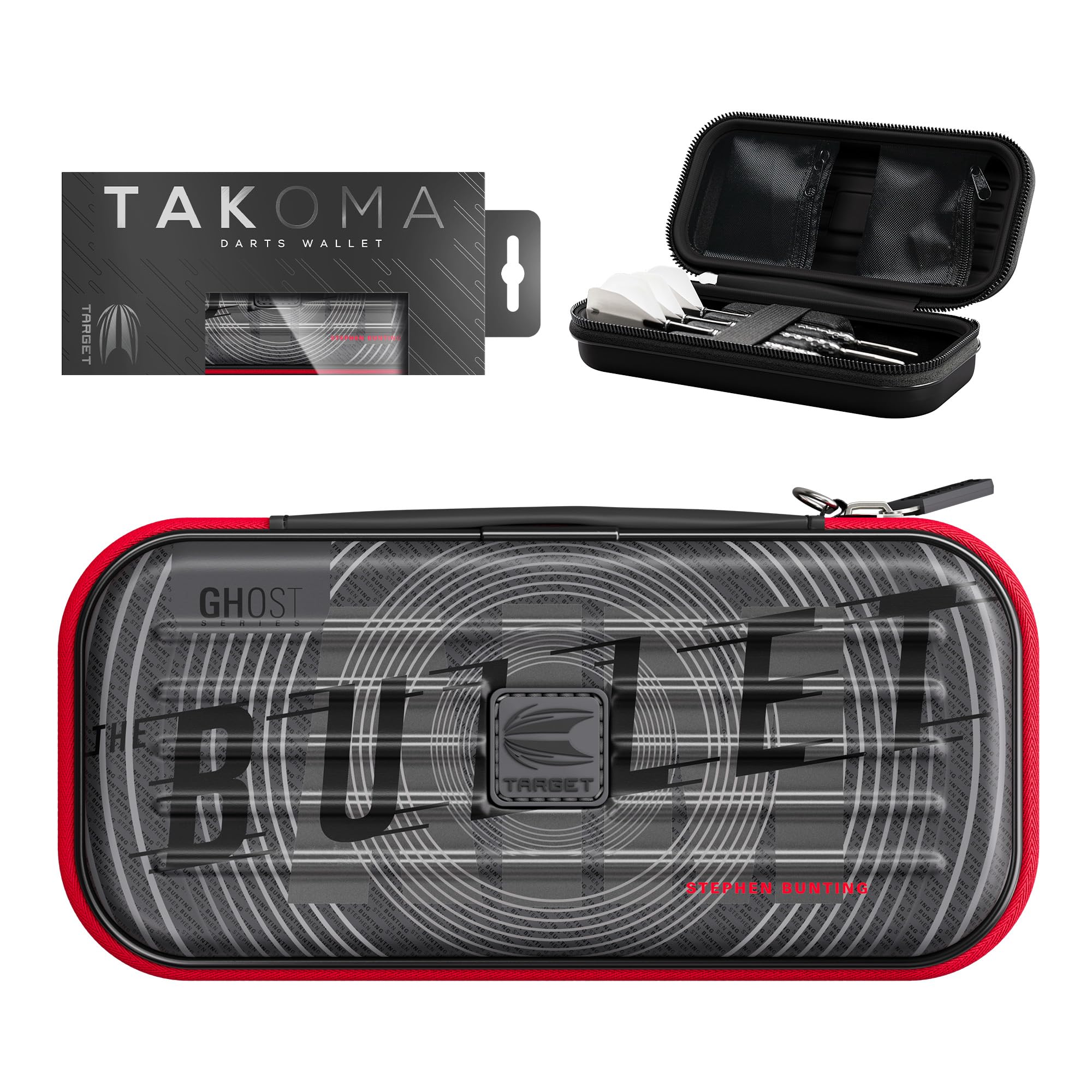 Target Darts Stephen Bunting Ghost Series Takoma Wallet – “The Bullet” etui na 3 zmontowane rzutki, czarno-białe, z zamkiem błyskawicznym, profesjonalne akcesoria do przechowywania.