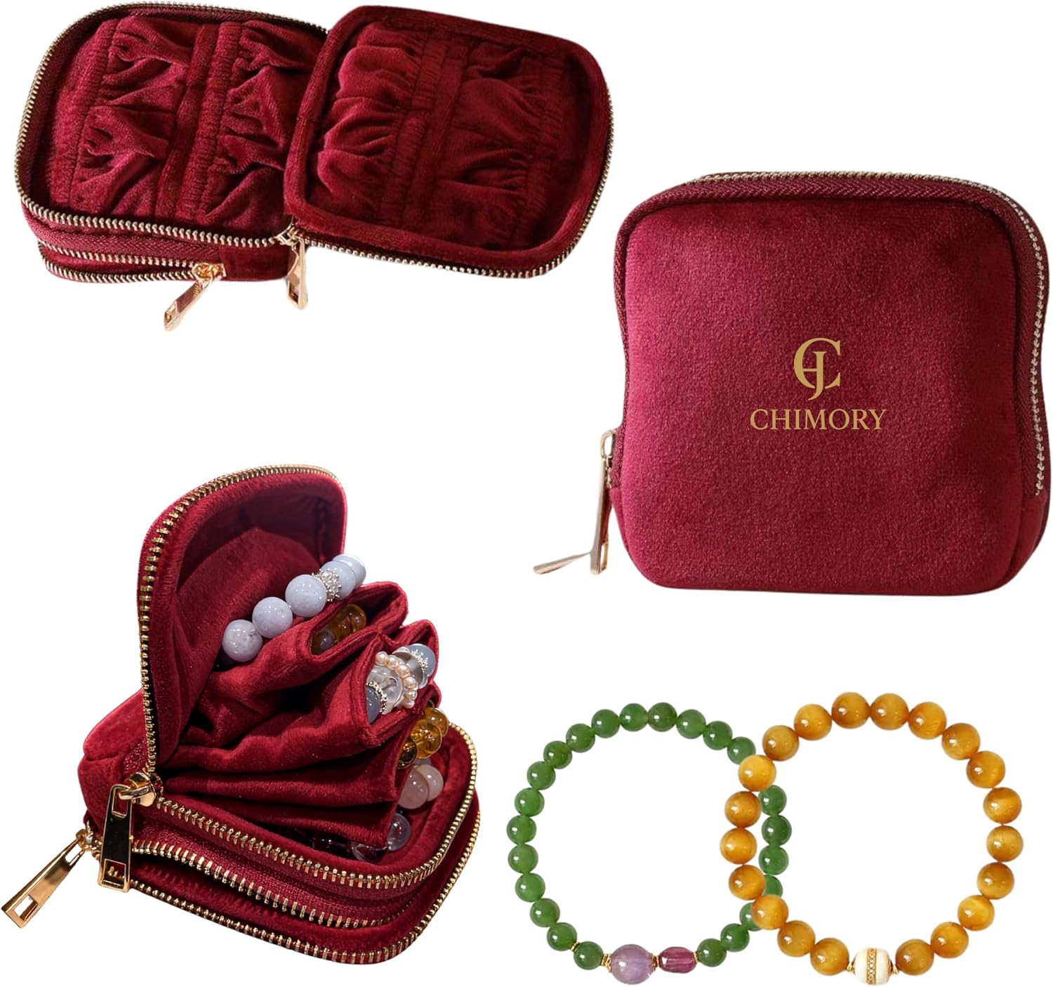 Double Zipper Travel Jewelry Case - Mothers Day Gift Ideas for Women, Jewelry Travel Case for Crystal Bracelets, Rings, Bangles, Elegant Jewelry Pouch for Journey, Crystal Bracelet Jewelry Case