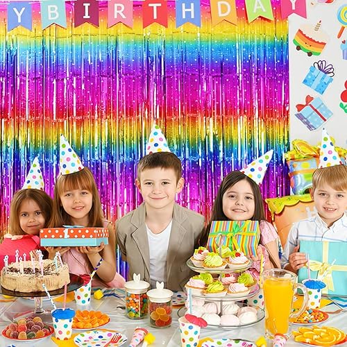 Miniatura 7 de Paquete de 4 cortinas de flecos de neón brillantes con flecos de arcoíris metálicos, serpentinas para cabina de fotos, accesorios para cumpleaños,