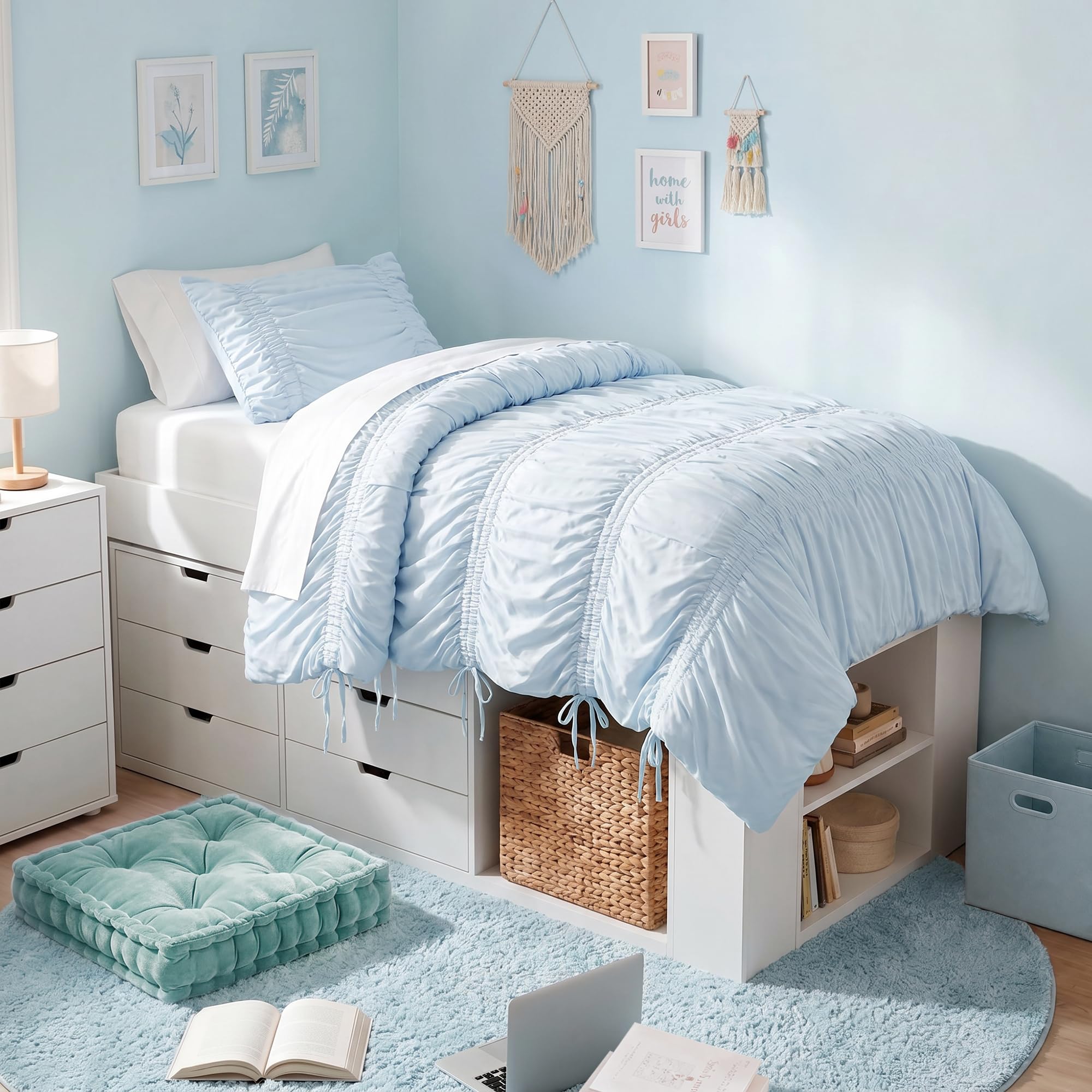 Intelligent Design Intelligent Design Ruched Shabby Chic Blue Twin XL Comforter Set, 2pc | Girls Dorm Bedding Set, French Country, All Season Down Alternative, Cozy, Machine Washable, Lightweight, Breathable, Blue, Twin/Twin XL