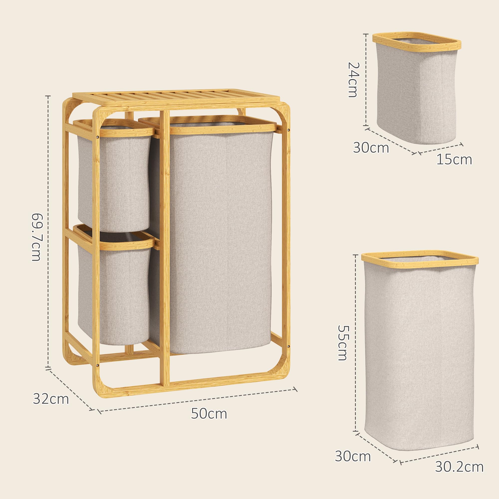 HOMCOM Cesto Portabiancheria Salvaspazio, Cesto Portabiancheria Elegante con 3 Sacchi e Ripiani in Tessuto, Bambù, 50x32x69.7 cm, Color Bambù e Crema
