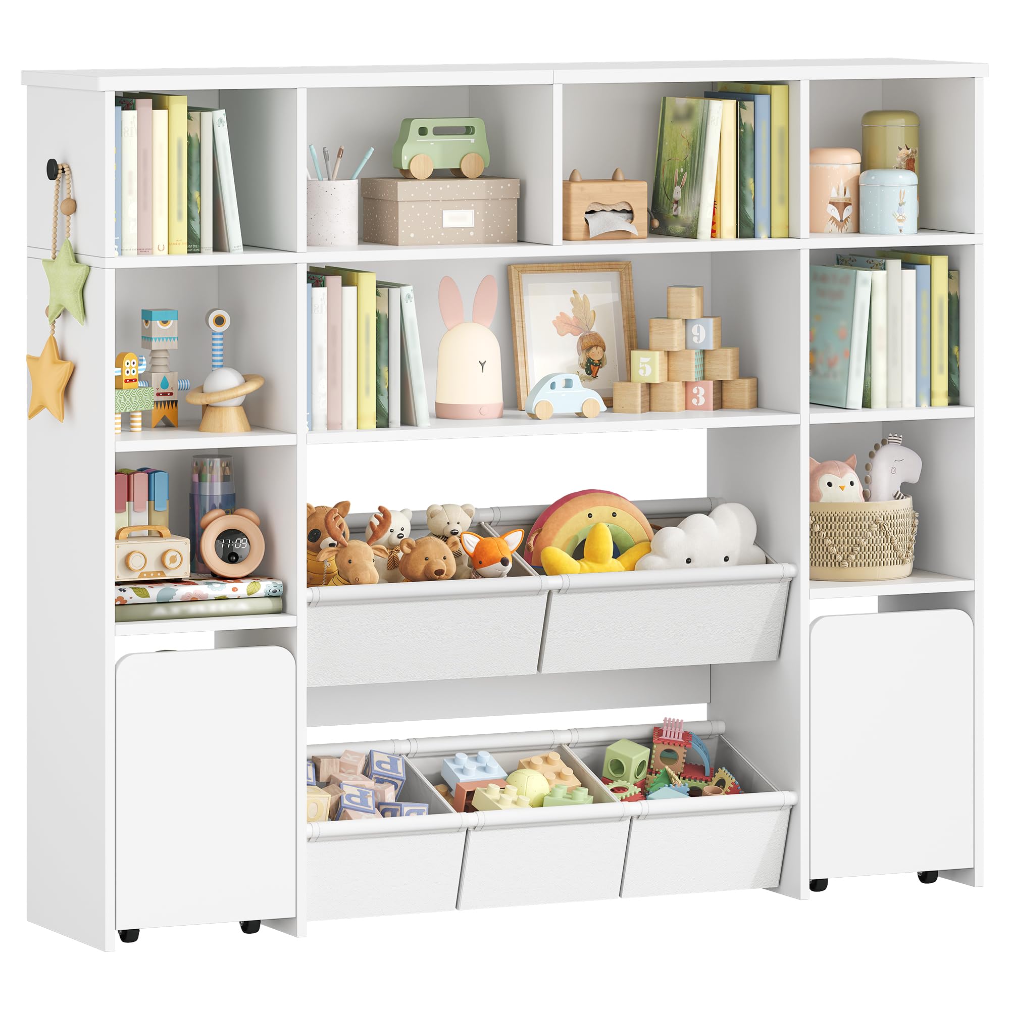 Hzuaneri Bibliothèque Enfant avec 2 Coffre de Rangement à roulettes, Meuble Rangement Enfant à 4 Niveaux, Étagère à Jouets, étagère pour Chambre d'enfant, Bureau Blanc, 30 x 140 x 120 cm KB75203W