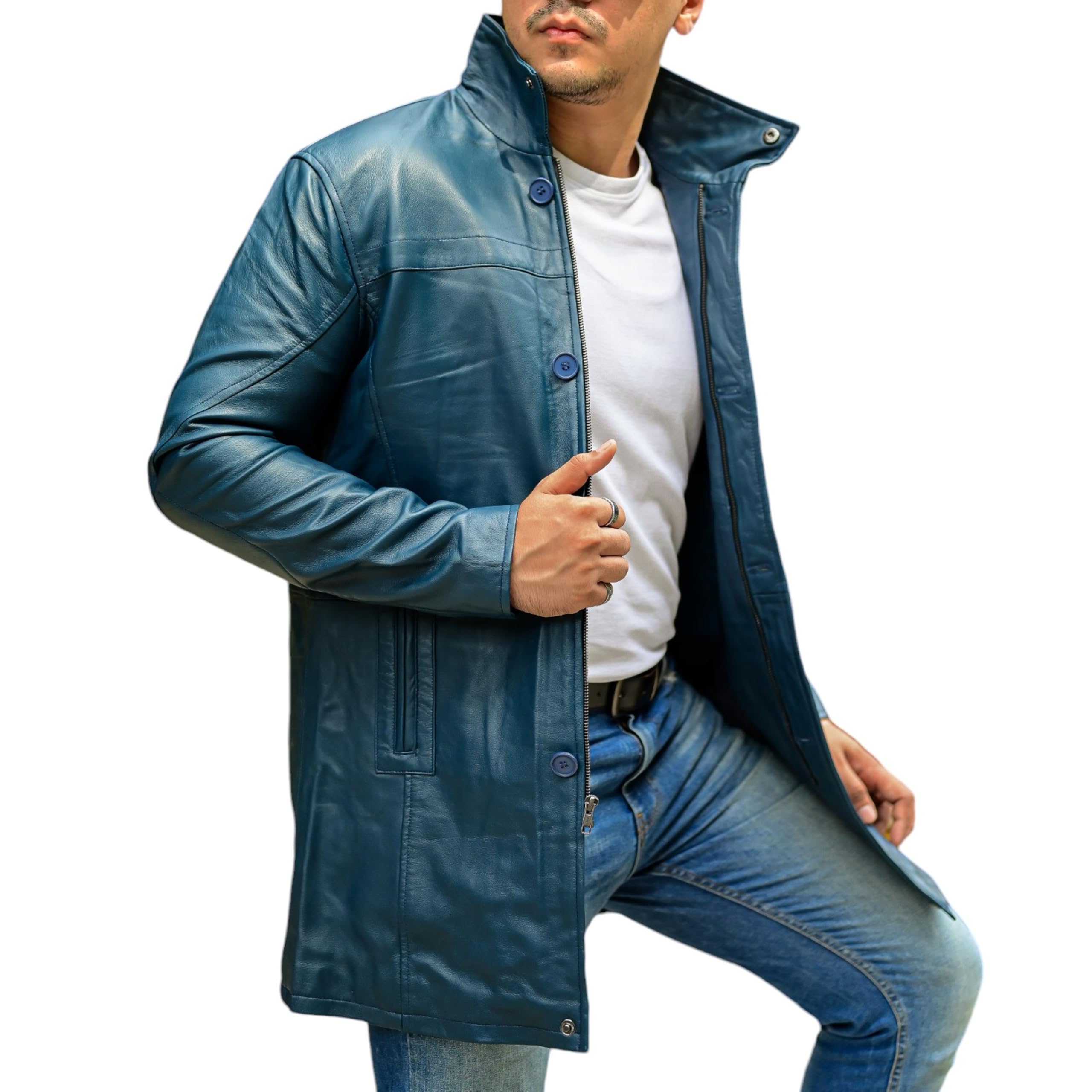 Jild Leather Trench Coat Men - 3/4 Length Casual Car Coat Style Lambskin Long Leather Jacket Men