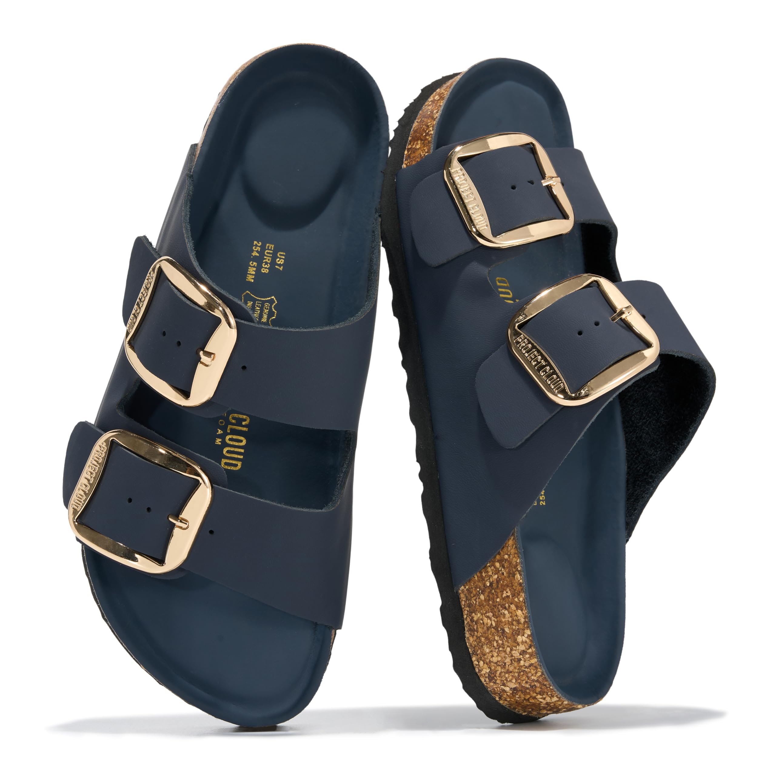 Project Cloud Genuine Leather Flat Sandals for Women 2026 Comfortable Beach Essentials Womens Sandals Memory Foam Vacation Essentials Slides for Women Footwear (Santorini, NAVY,10)