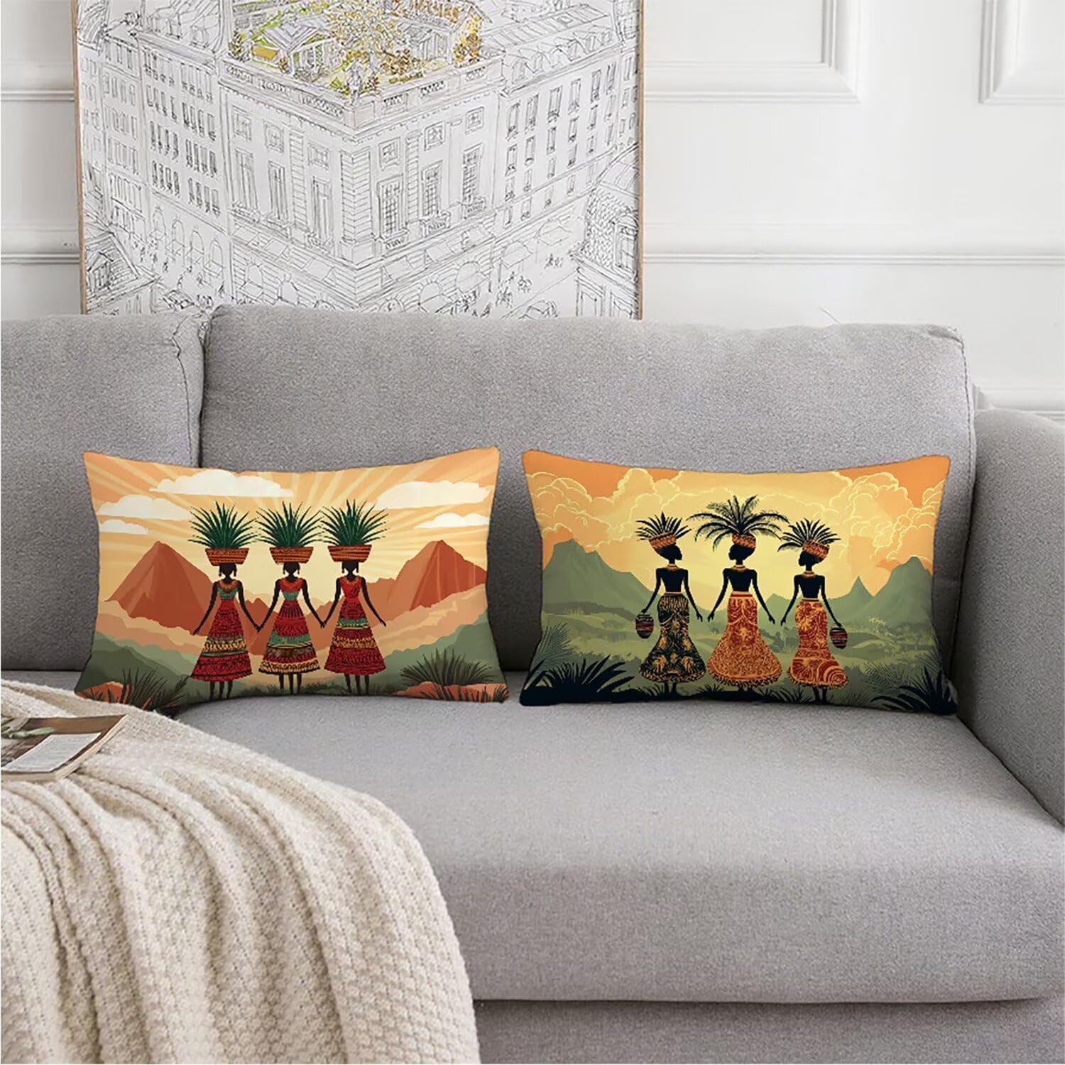 Afrique Taie Oreiller 70x90 Velours Housse de Coussin Femmes Lot de 2, Taies d'oreiller Exterieur Impermeable Respirant et Hypoallergénique, Coussin Decoratif pour Canapé Salon Coucher Jardin K2-488
