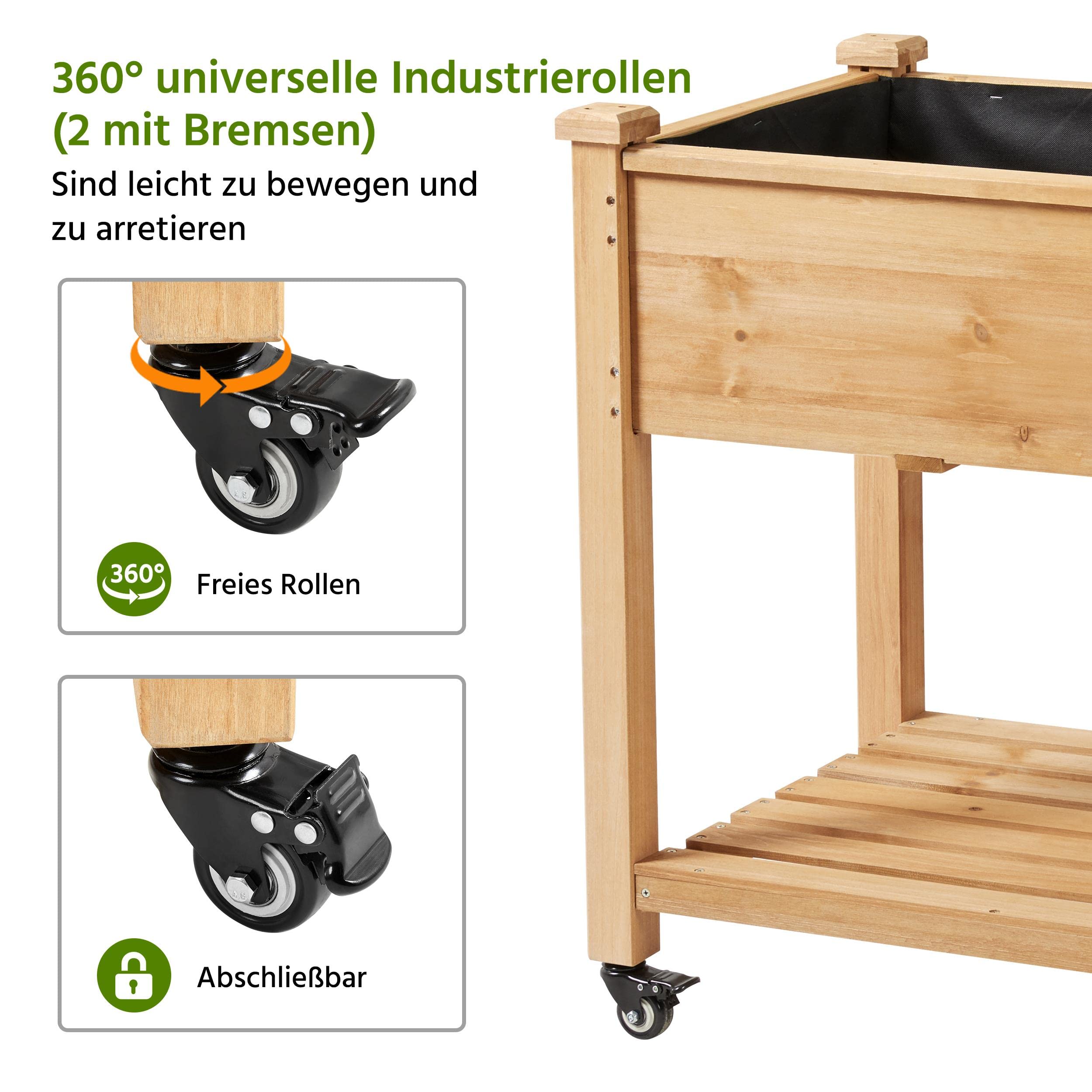 Yaheetech Aiuola rialzata con ruote e ripiano portaoggetti, fioriera per piante in legno, per giardino, balcone e terrazzo, 105 x 56 x 83 cm