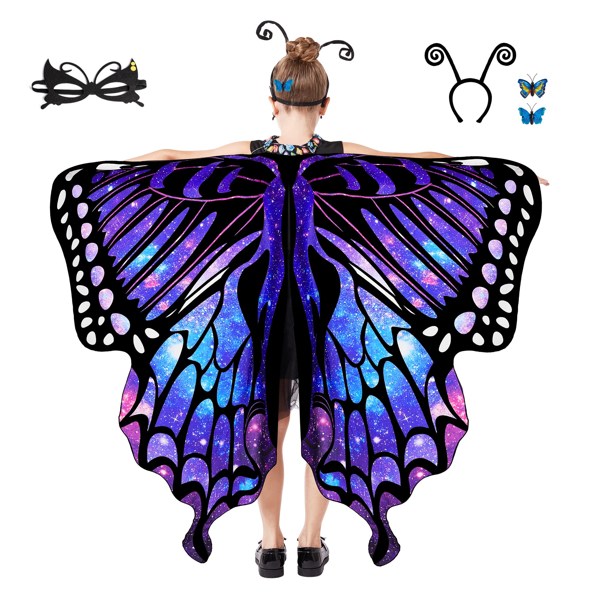 Halloween Butterfly Wings for Girls - Kid Costume Cape with Mask, Antenna Headband, Hair Clips