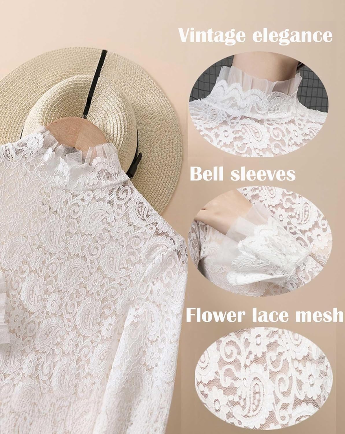 METWAY Lace Top for Women Long Sleeve Lace Shirt Sheer Turtleneck Ruffle Floral Mesh Undershirt Going Out Sexy Blouse - Image 4