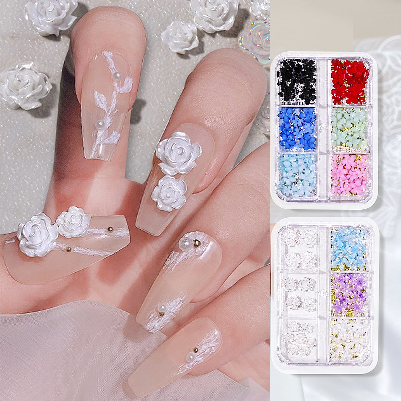3D Colorful Spring Blossom Flower Nail Charms Mix Rose Flowers White Pink Blue Purple Flowers Acrylic Nail Art Charms with Metal Gold Round Beads for Nail Art DIY Crafting Decal Accessories