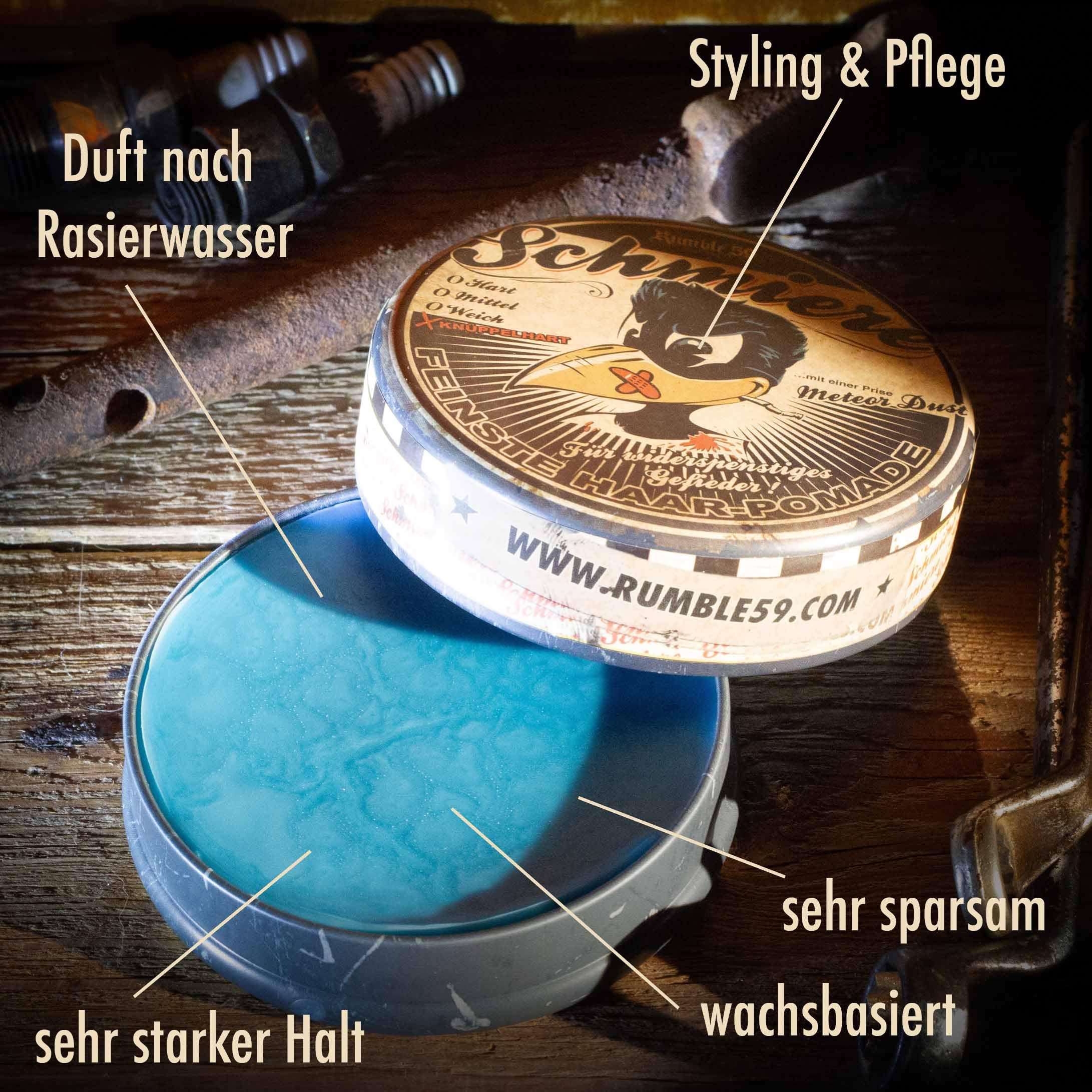 Rumble59 - Schmiere Pomade Herren - Klassiker mit Rasierwasser Duft - 140 ml, extra starker Halt - wachsbasierte Haar Pomade für sehr dicke und widerspenstige Haare - Hairstyling Made in Germany