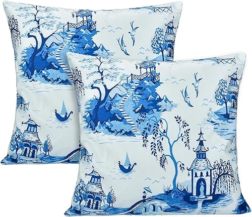 Miniatura 1 de Snycler Chinoiserie - Juego de 2 fundas de almohada azules y blancas para exteriores, fundas de almohada cuadradas de algodón para dormitorio, sofá,