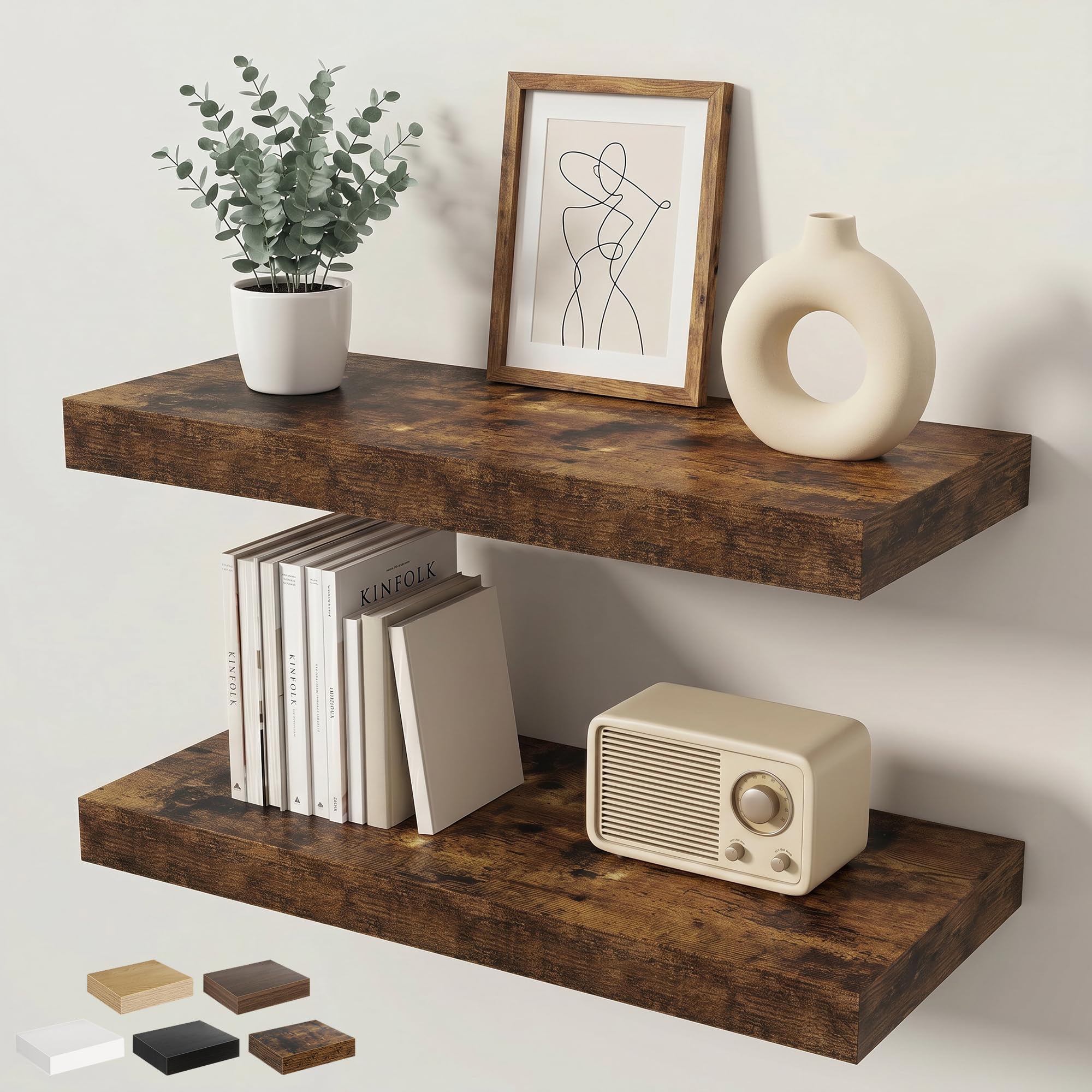 KovaScape 60cm Floating Shelves for Wall, 23.5cm Deep Wall Mounted Shelf with Invisible Brackets, Engineered Wood Rustic Shelf for Living Room Bathroom Bedroom Kitchen Storage, Rustic Brown, Set of 2