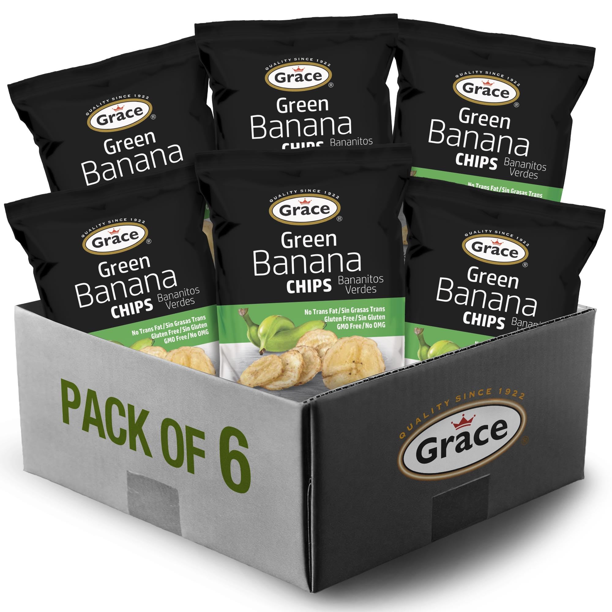 Grace Green Banana Chips 2.5oz - 6 Pack Plantain Chips Individual Bags - Jamaican Gluten Free Bananitos Verdes - Non-GMO & No Trans Fat