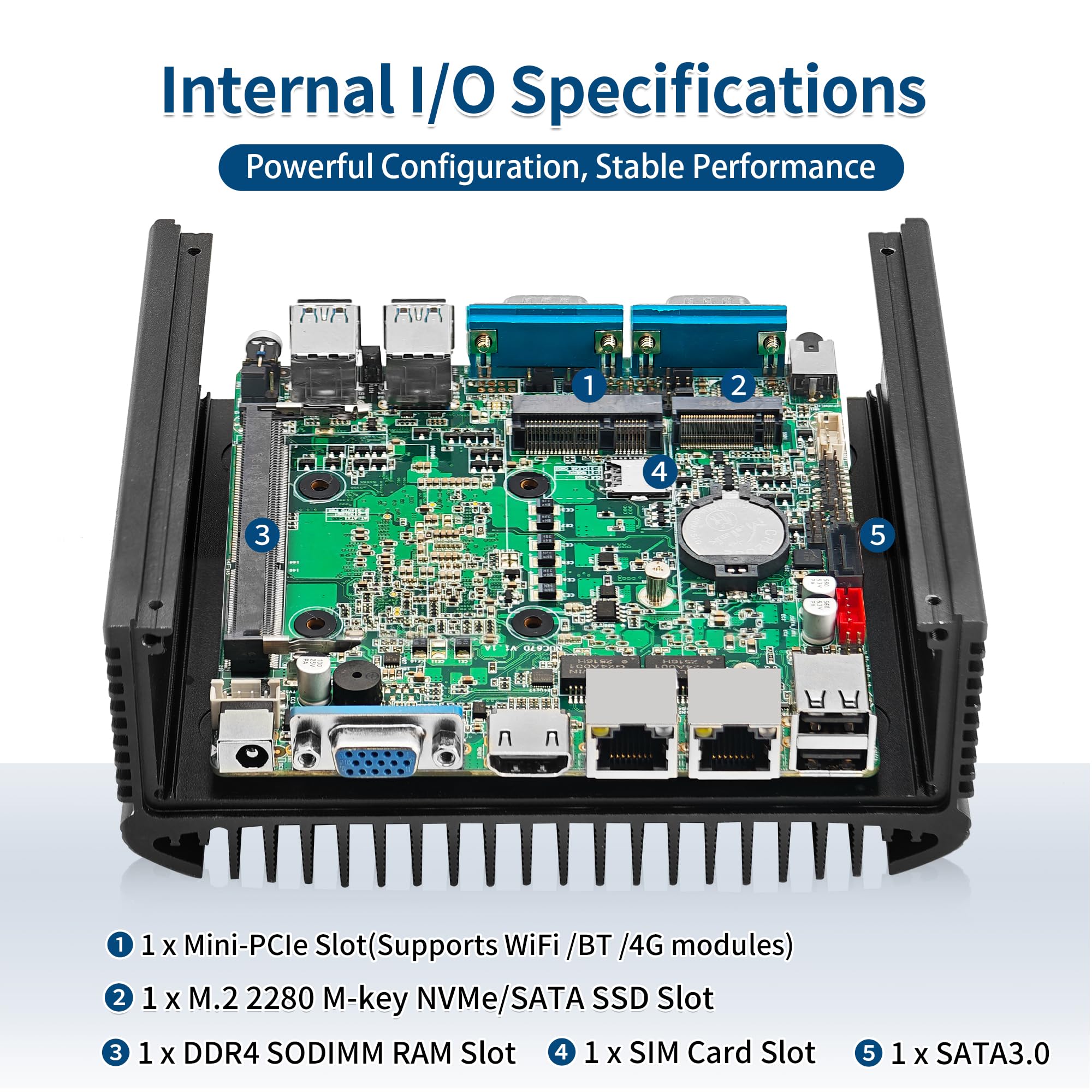 Fanless Mini PC Core i3-7100U, Industrial Computer with 2 x RS232/RS485 COM, Dual Gigabit LAN, Embedded Micro PC, DDR4 32GB RAM NVMe 1TB SSD, HD+VGA, Mini-PCIe, SIM Slot
