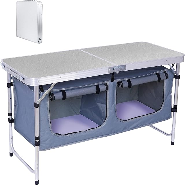 Nice C Table pliante, Table de camping réglable en hauteur, Pliante Portable Exterieure, Table à queue portable avec rangement, Poignée de transport pour l'extérieur, Plage, Pique-nique, Festival, Intérieur, Bureau