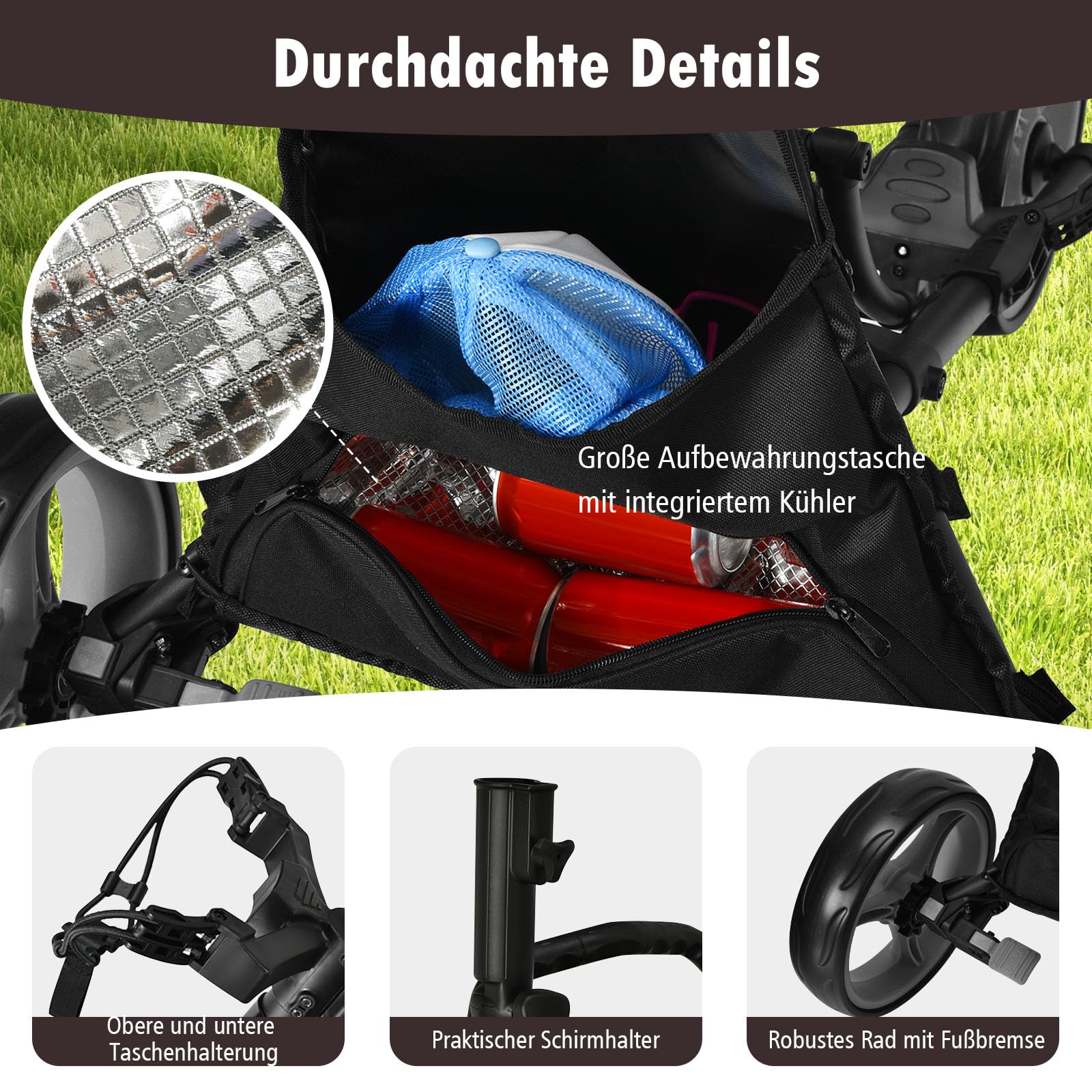 GYMAX Carro de Golf Plegable 3 Ruedas con Asa Ajustable, Soporte Paraguas y Portavasos