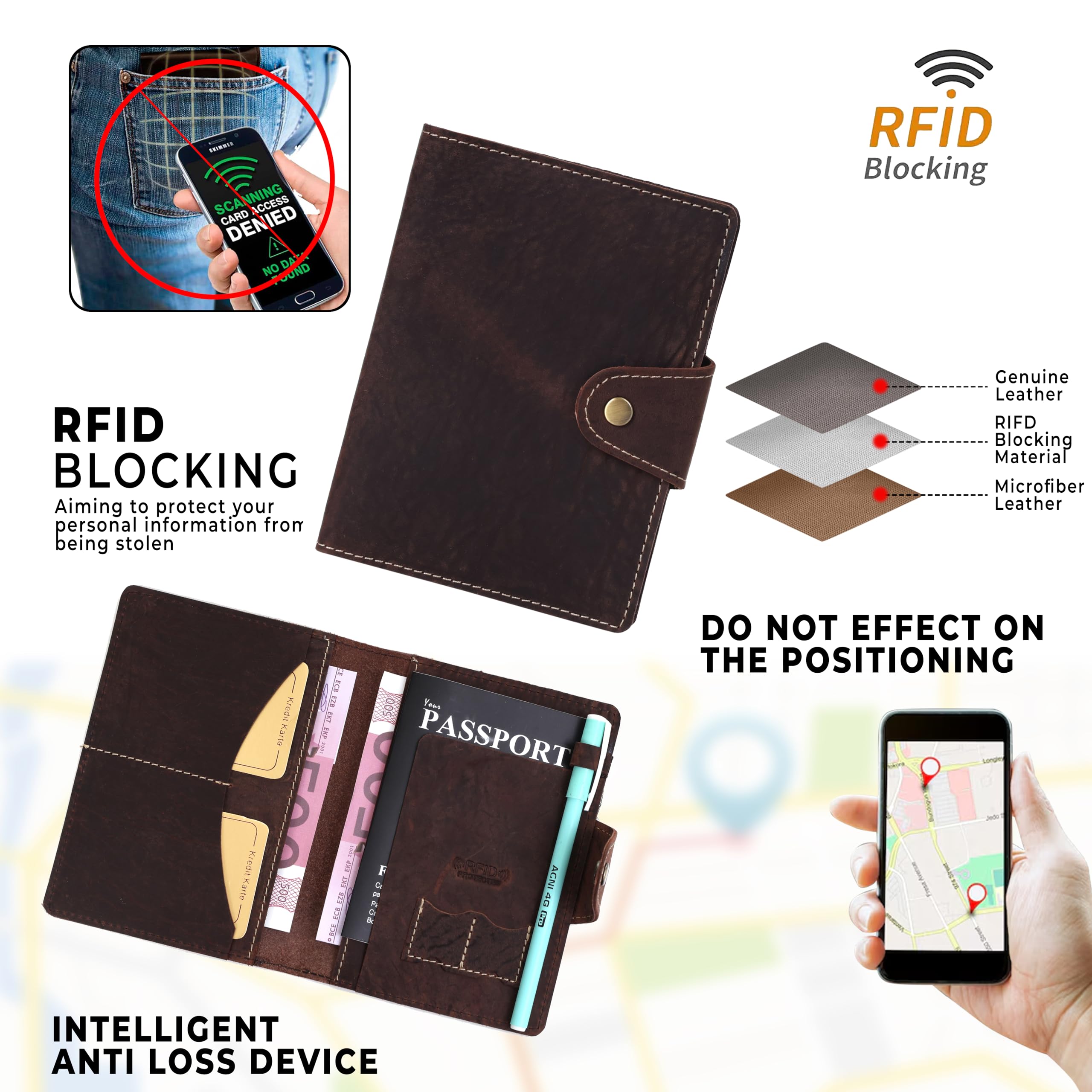 Genuine Full Grain Leather Passport Holder Minimalist RFID Travel Wallet Snap Bifold 1-2 Passport Case Credit Card Pen Slot Sim Card Holder Boarding Pass Outer Pocket 14.5 cm x 11 cm Light Brown,